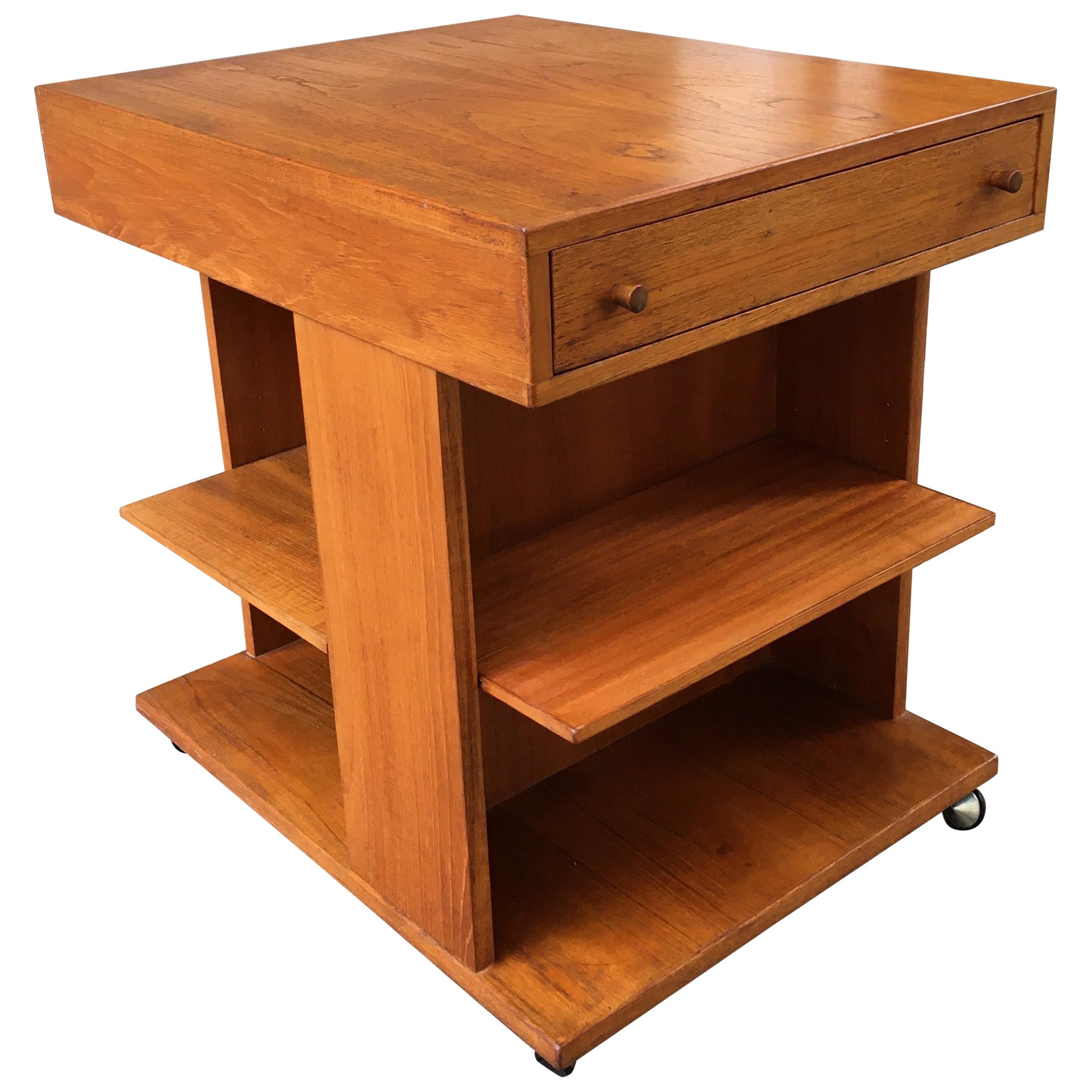 Teak End Table with Adjustable Shelf’s and 1-Drawer