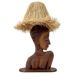 Teak Female Bust Table Lamp with Raffia Shade, France 1950s