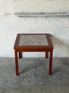 Teak Floral Ceramic Tile Top Side End Table Danish Mid-Century Modern 1970s