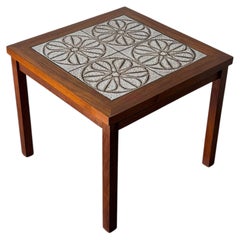 Teak Floral Ceramic Tile Top Side End Table Danish Mid-Century Modern 1970s