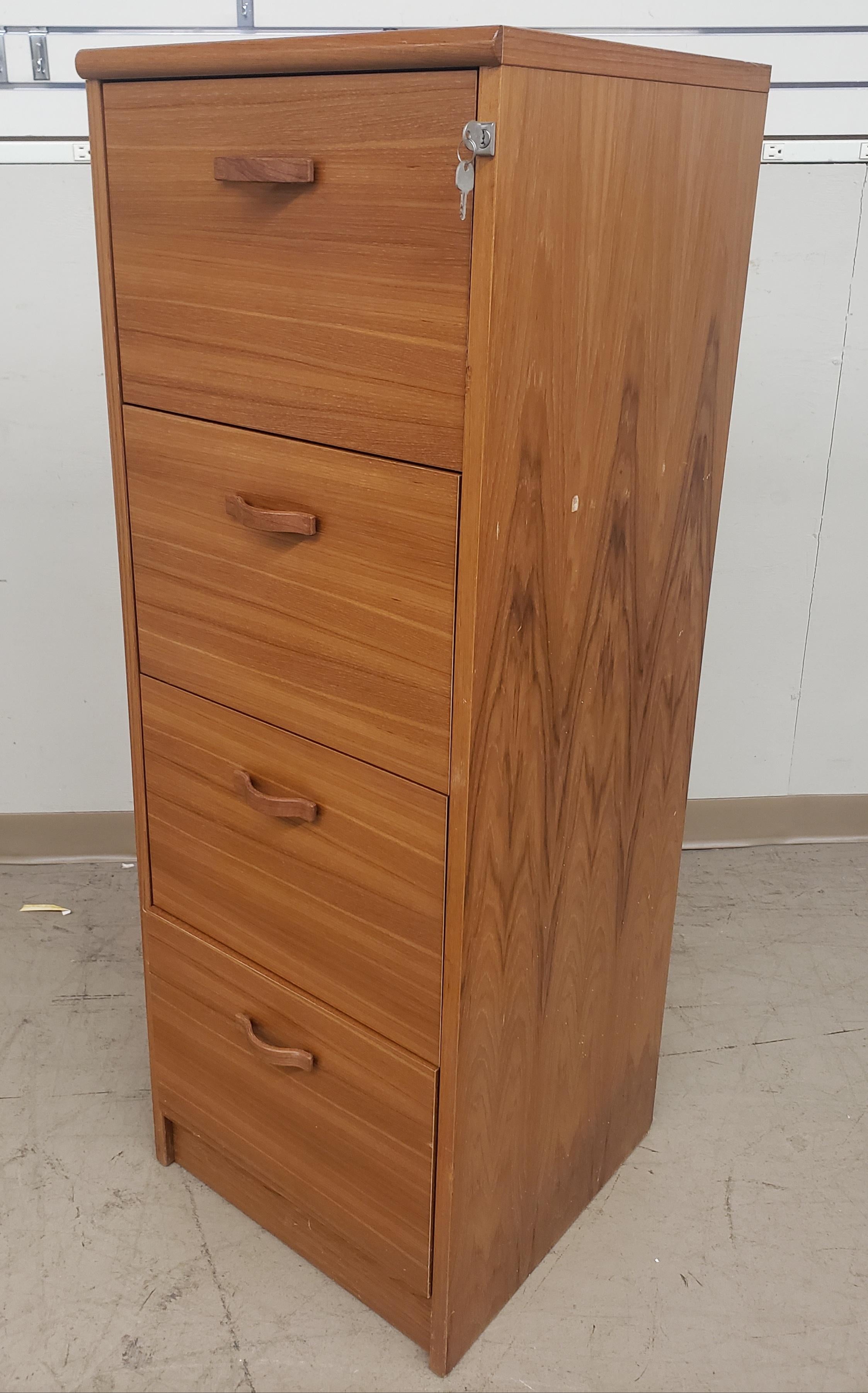 Woodwork Teak Four Drawer Vertical Locking Filing Cabinet For Sale