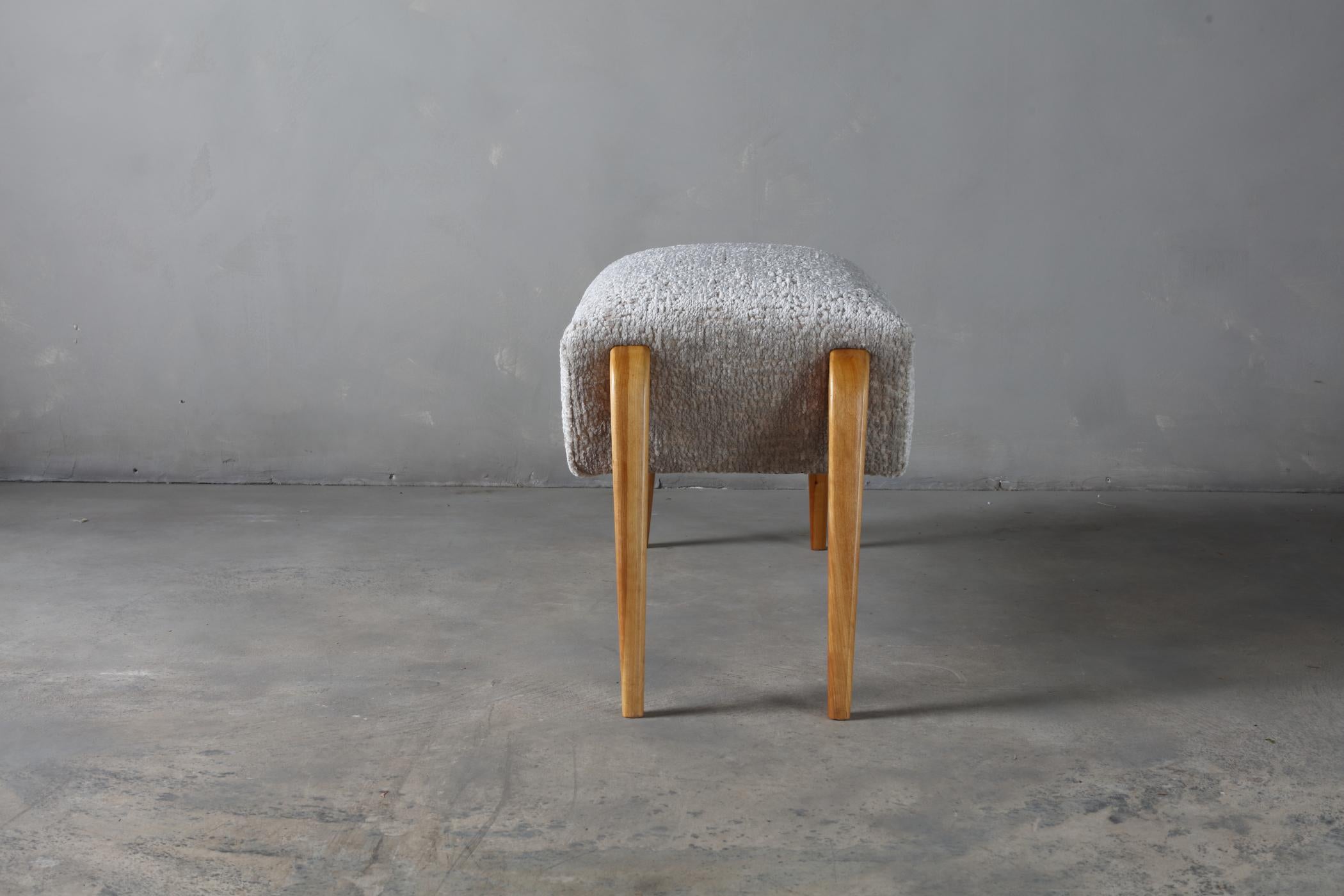 Teak functionalist stool, Sweden 1950s. Unique sculptural organic shape and textured fabric. Minor wear consistent with age and history.