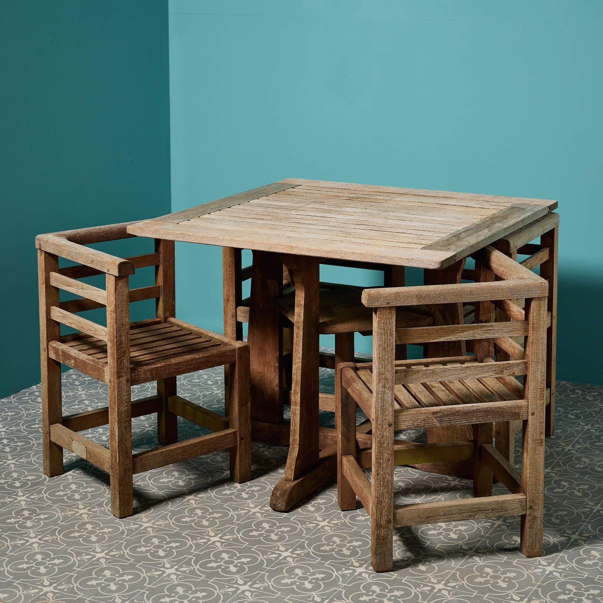 English Teak Garden Shipbreaker Table & Chairs Attributed to Heals For Sale