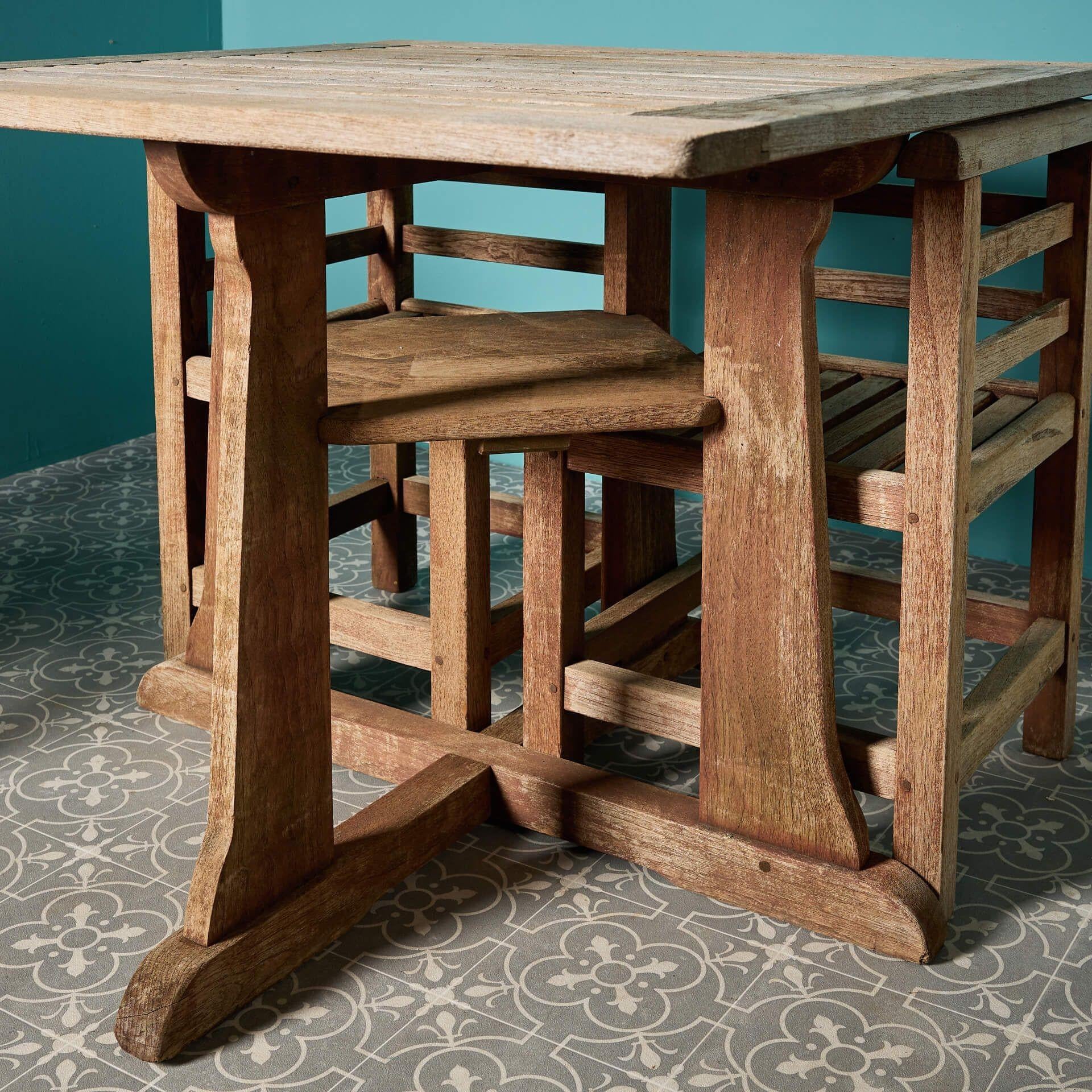 Teak Garden Shipbreaker Table & Chairs Attributed to Heals In Fair Condition For Sale In Wormelow, Herefordshire