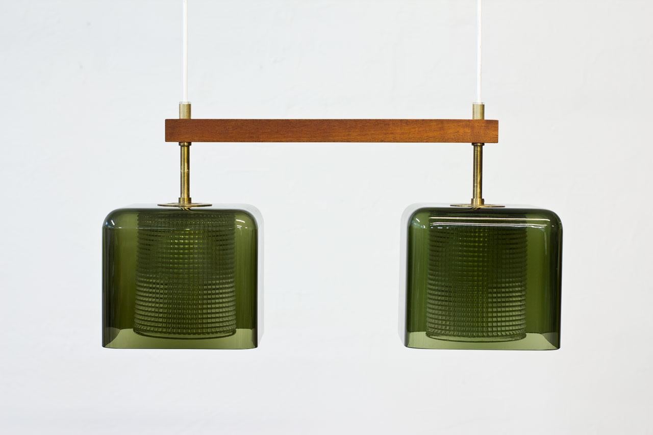 Scandinavian Modern Teak, Glass and Brass Hanging Lamp by Carl Fagerlund for Orrefors, Sweden, 1960s