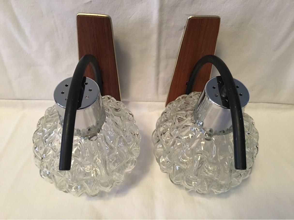 Teak, Glass and Chrome Sconces by Besigheimer Leuchten, 1960s, Germany For Sale 1