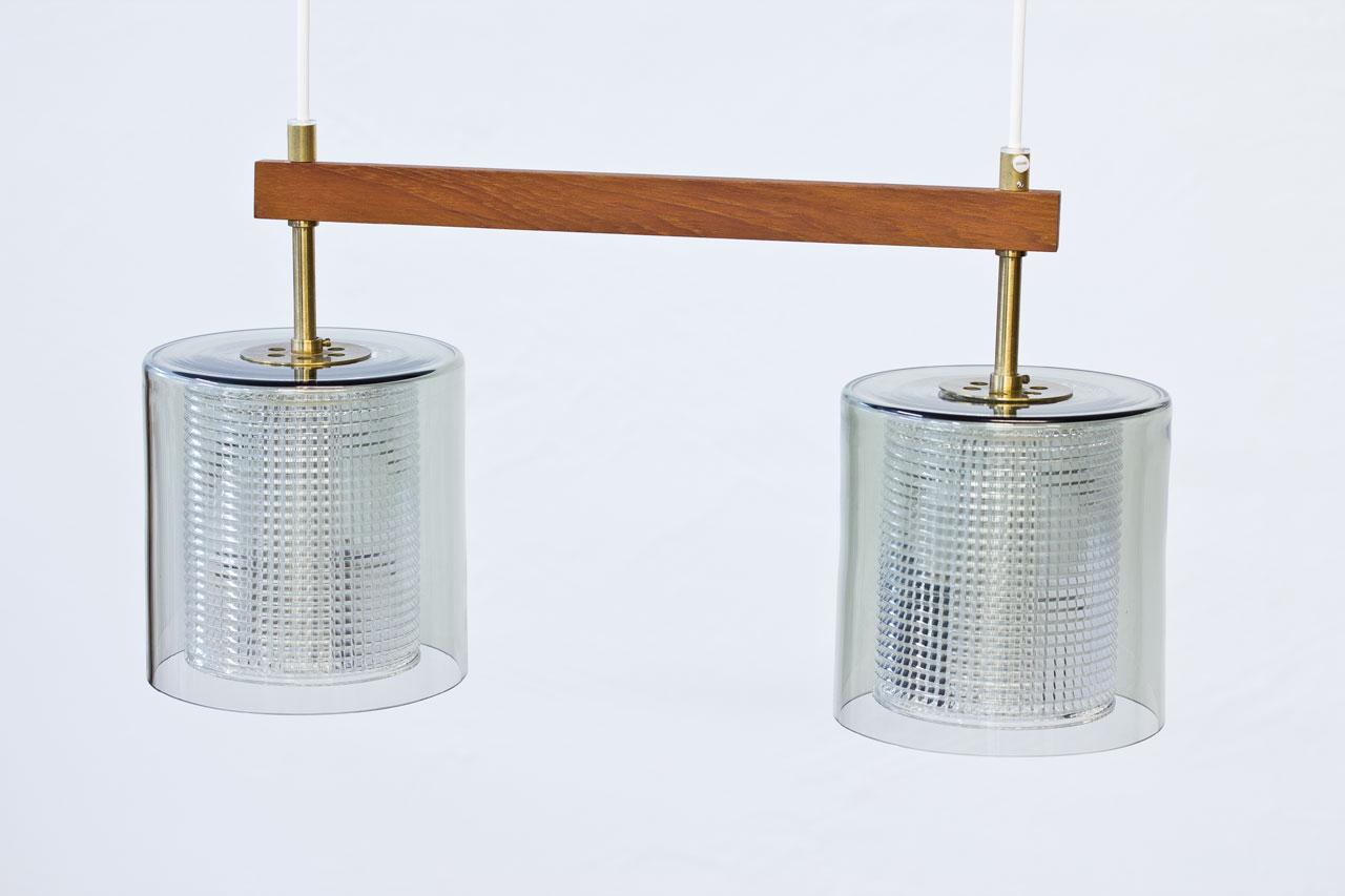 Scandinavian Modern Teak, Glass & Brass Pendant Lamp by Carl Fagerlund for Orrefors, Sweden, 1960s