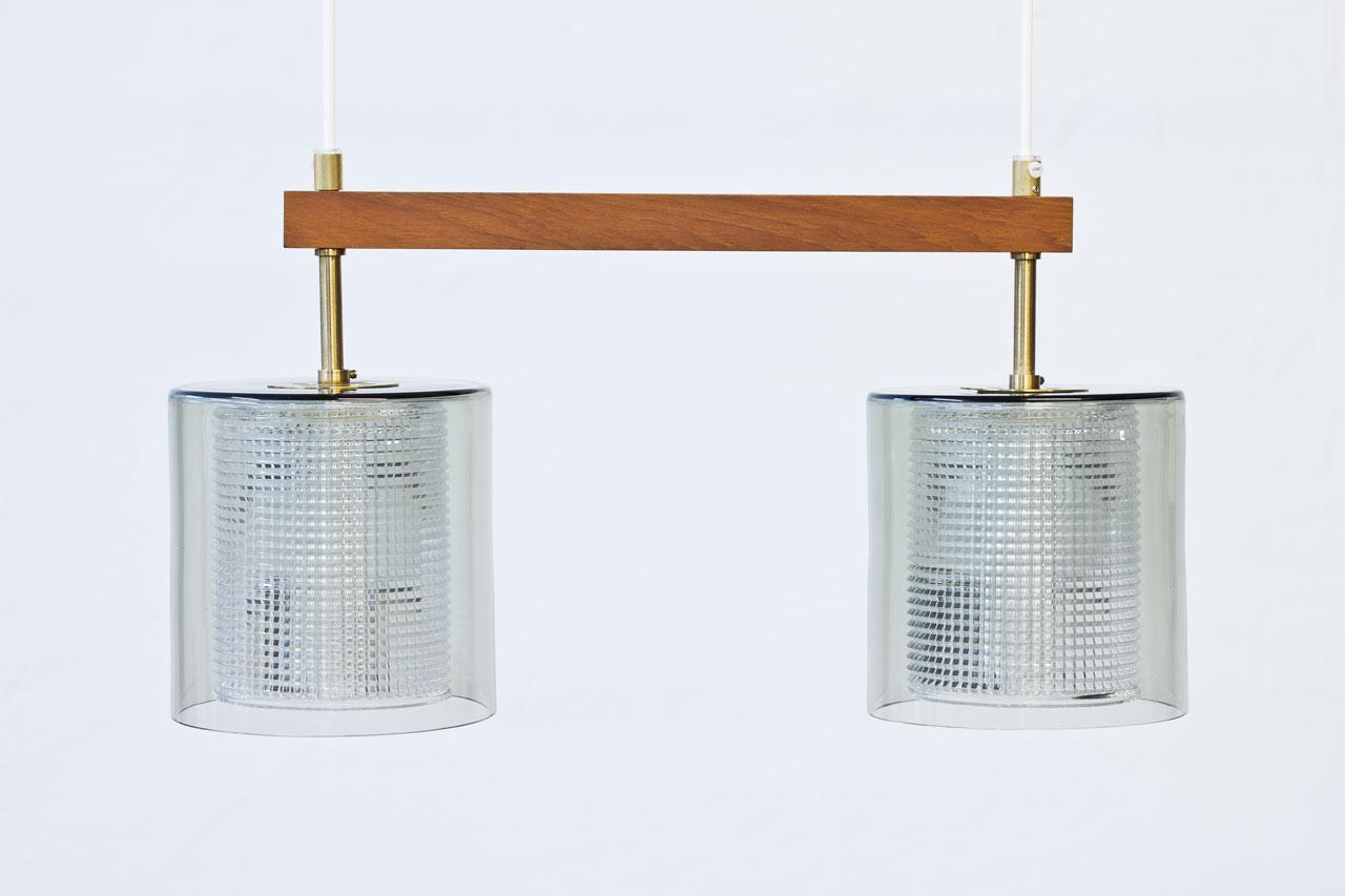 Swedish Teak, Glass & Brass Pendant Lamp by Carl Fagerlund for Orrefors, Sweden, 1960s