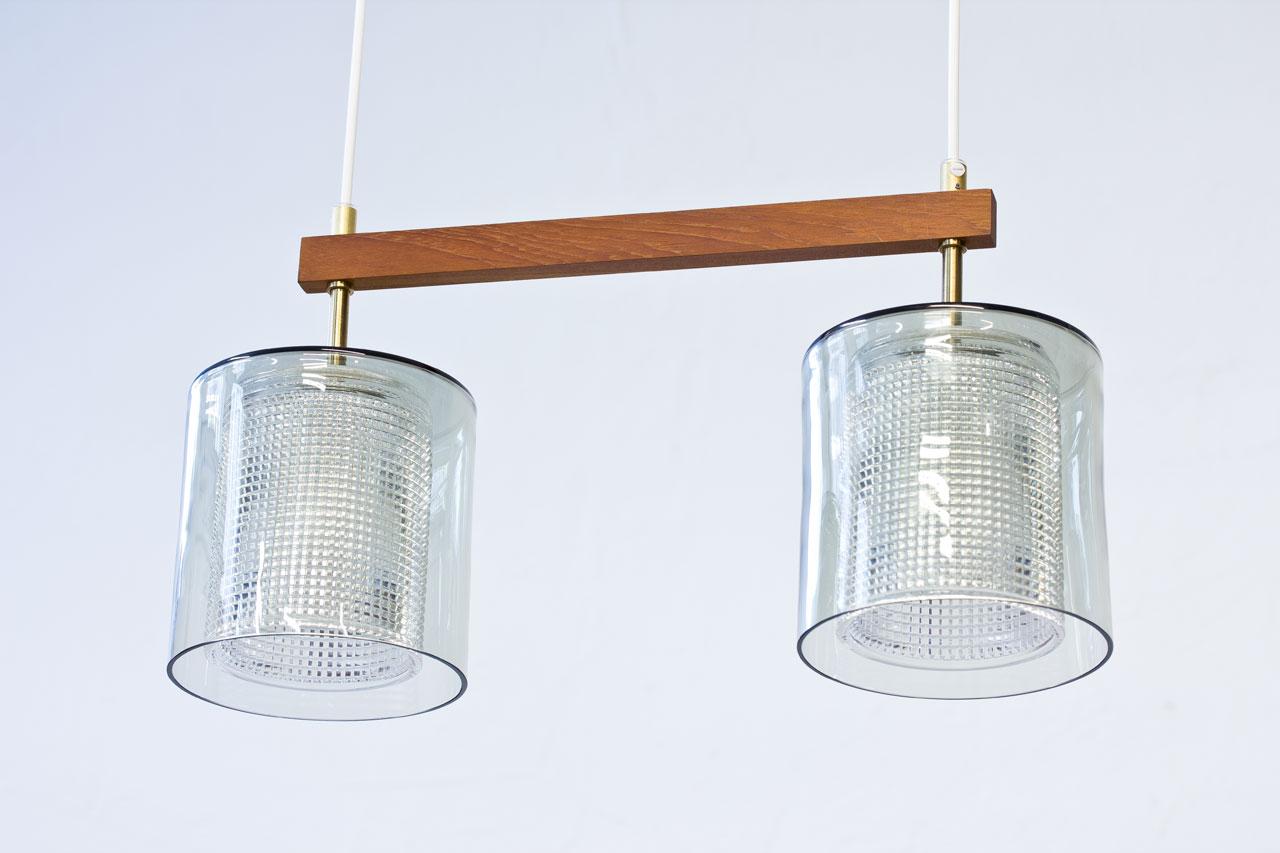 Teak, Glass & Brass Pendant Lamp by Carl Fagerlund for Orrefors, Sweden, 1960s In Excellent Condition In Stockholm, SE