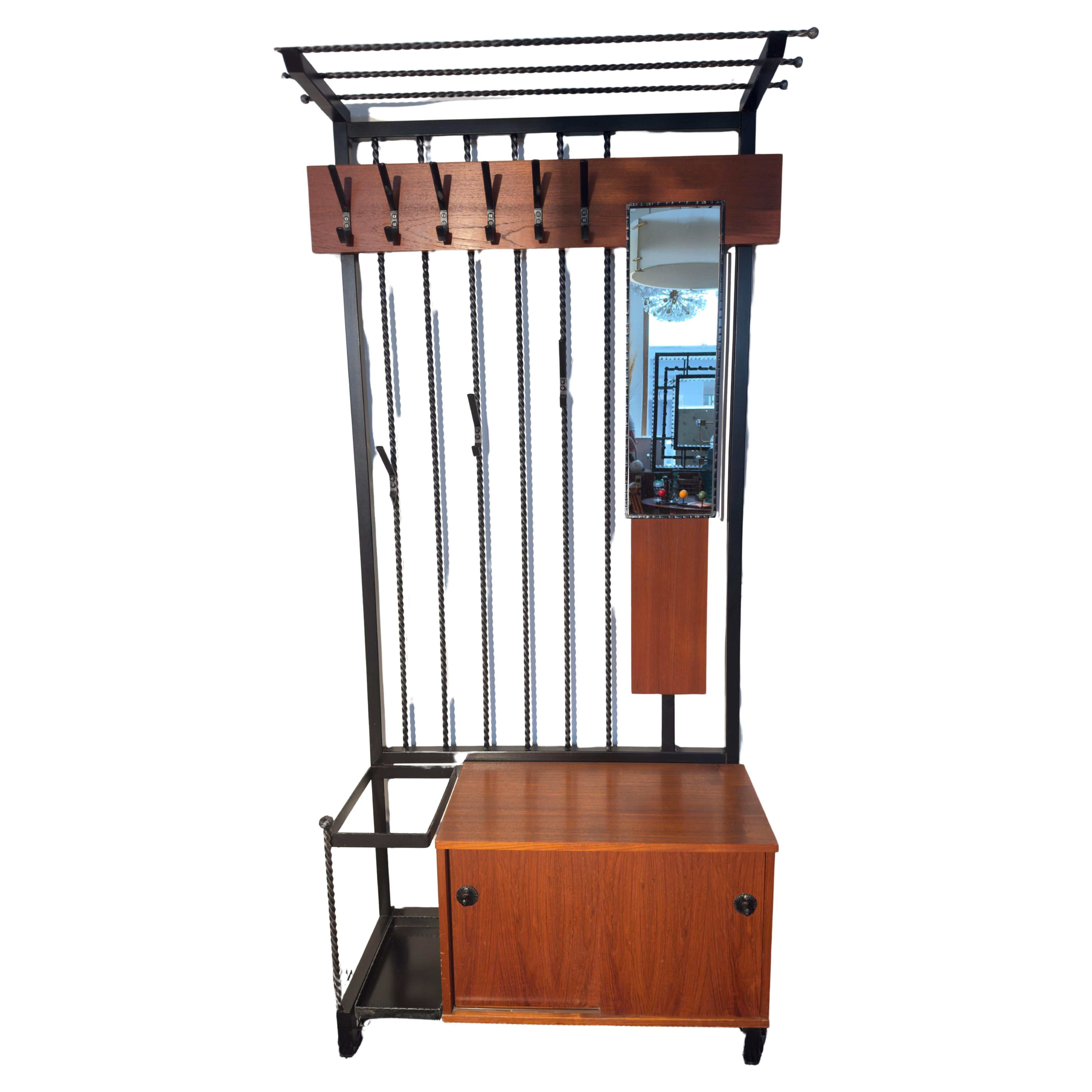 Teak Hall Coat Rack with Storage & Mirror, Belgium 1960s