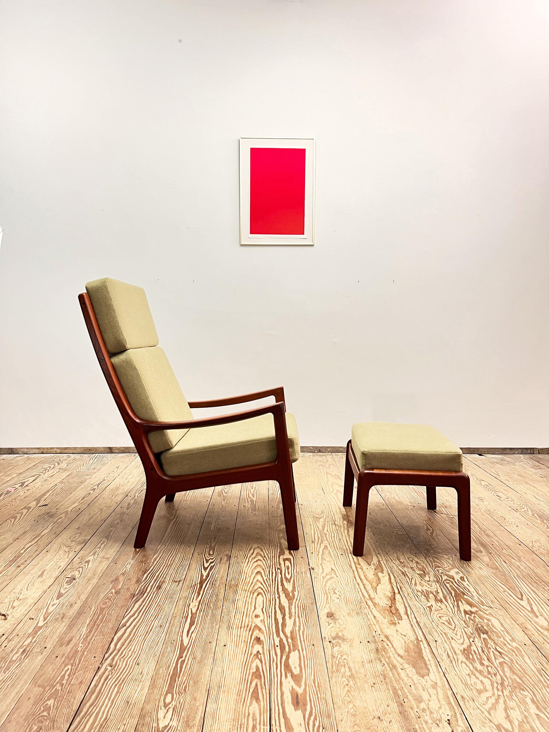 Danish Teak High Armchair or Easy Chair & Stool, Senator Series, by Ole Wanscher For Sale