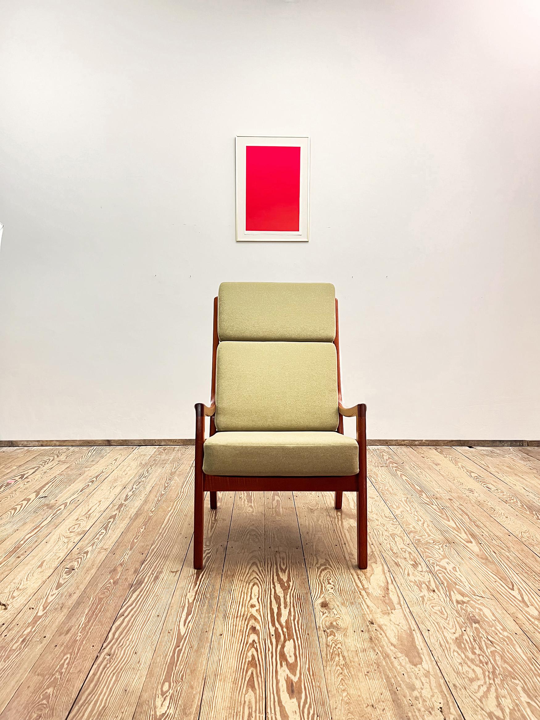 Fabric Teak High Armchair or Easy Chair & Stool, Senator Series, by Ole Wanscher For Sale