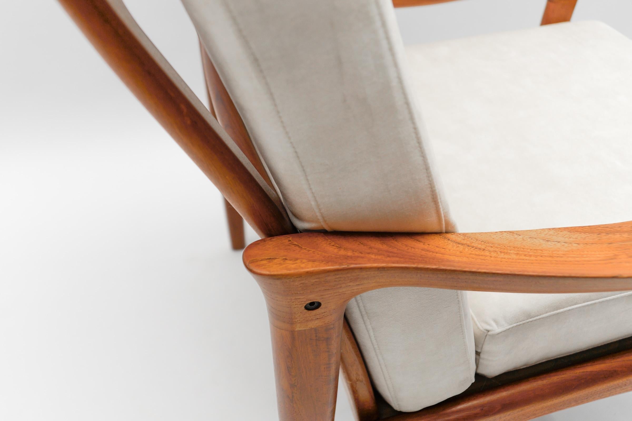 Fabric Teak High-Back Armchair, Newly Upholstered, 1960s Denmark For Sale