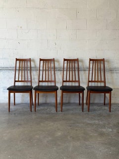 Teak High-Back Slat Dining Chairs Set of 4 Black Upholstery Danish MCM 1960s