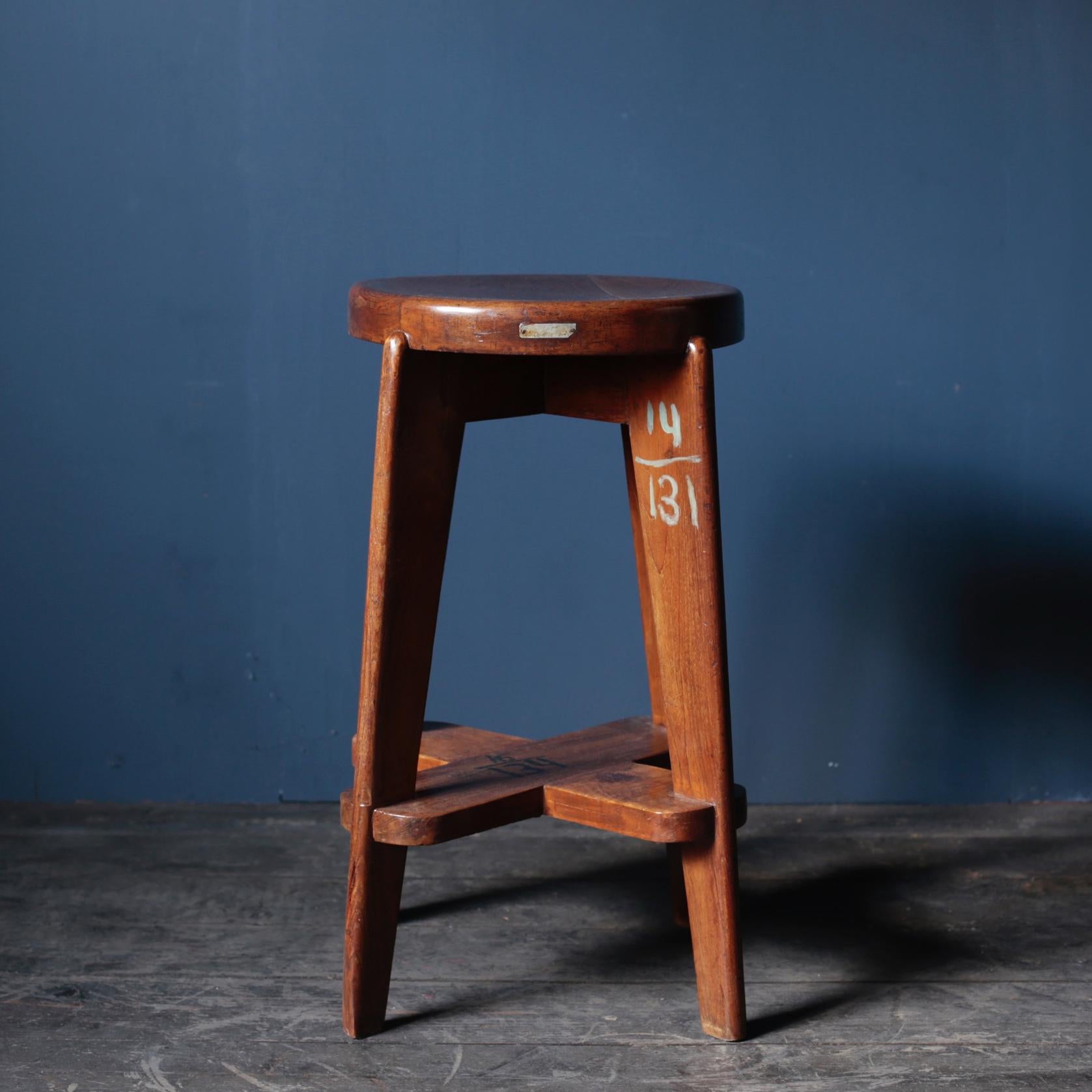 Solid Indian teak high stool by Pierre Jeanneret.
 