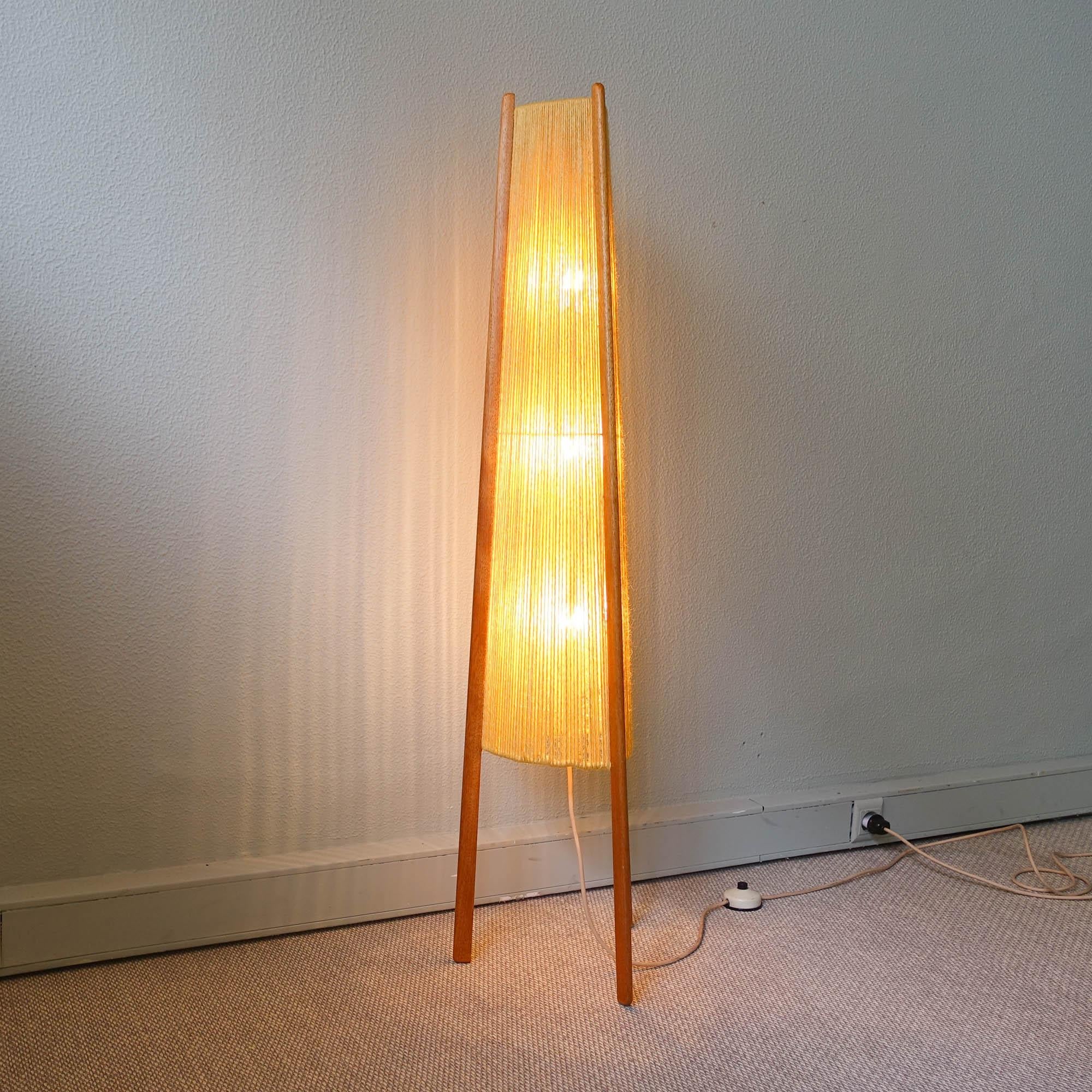 Scandinavian Modern Teak & Jute Scandinavian Tripod Floor Lamp, 1960's