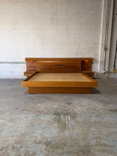 Teak King Platform Bed with Built-In Nightstands and Lights Danish Vinatge 1970s