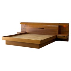 Teak King Platform Bed with Built-In Nightstands and Lights Danish Vinatge 1970s