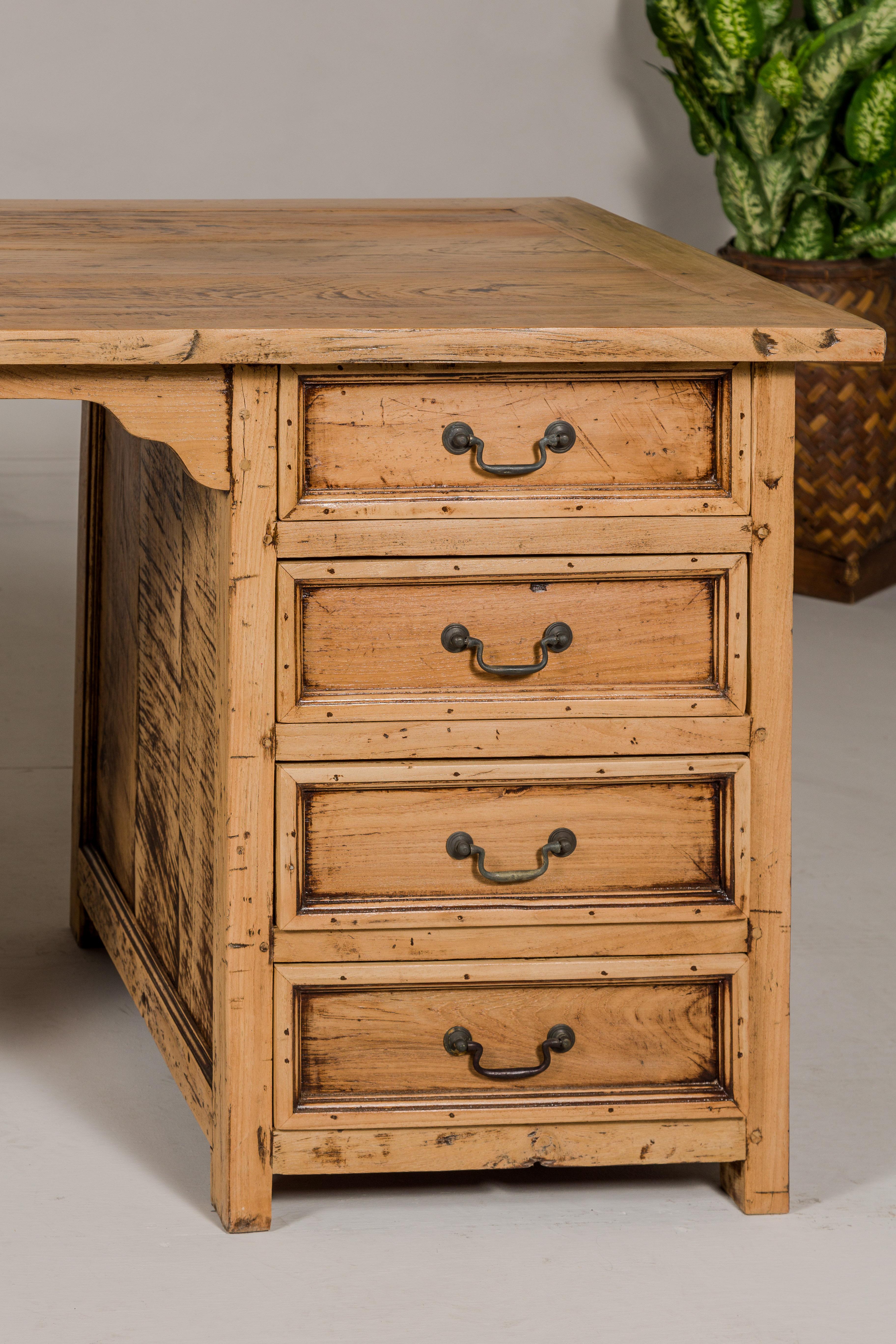Teak Kneehole Desk with Eight Drawers and Custom Bleached Finish For Sale 4