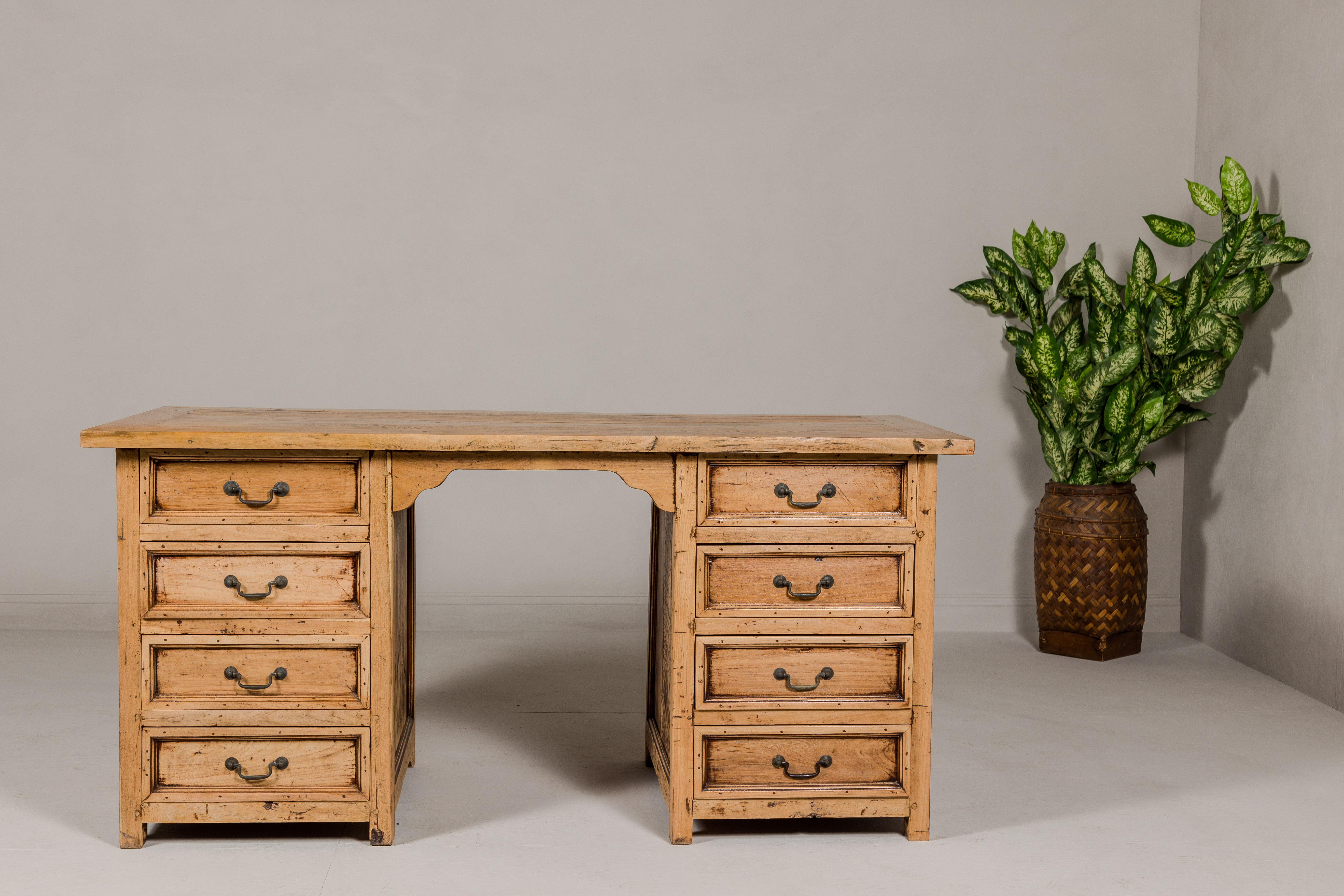 Indonesian Teak Kneehole Desk with Eight Drawers and Custom Bleached Finish For Sale