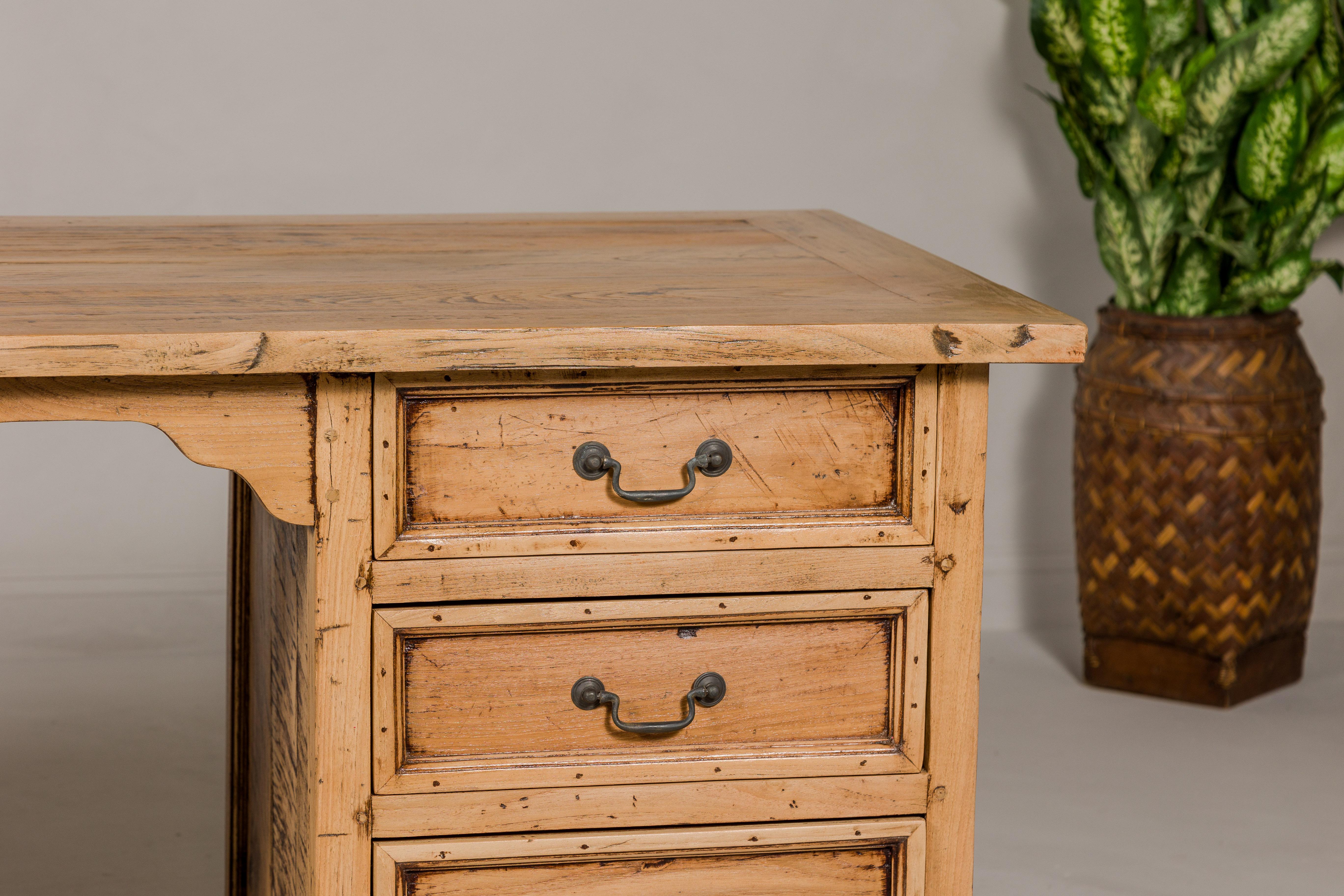 20th Century Teak Kneehole Desk with Eight Drawers and Custom Bleached Finish For Sale