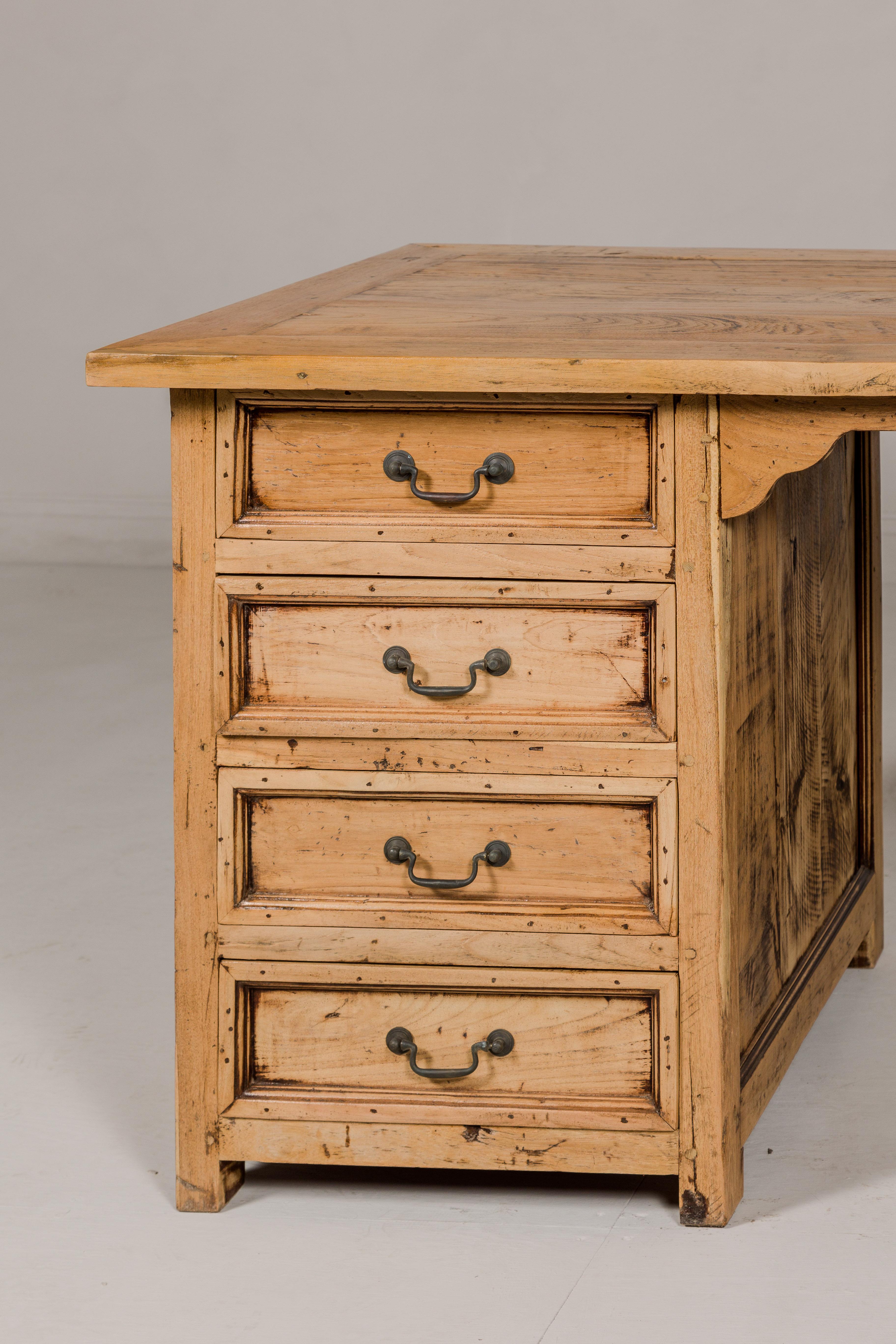 Teak Kneehole Desk with Eight Drawers and Custom Bleached Finish For Sale 3