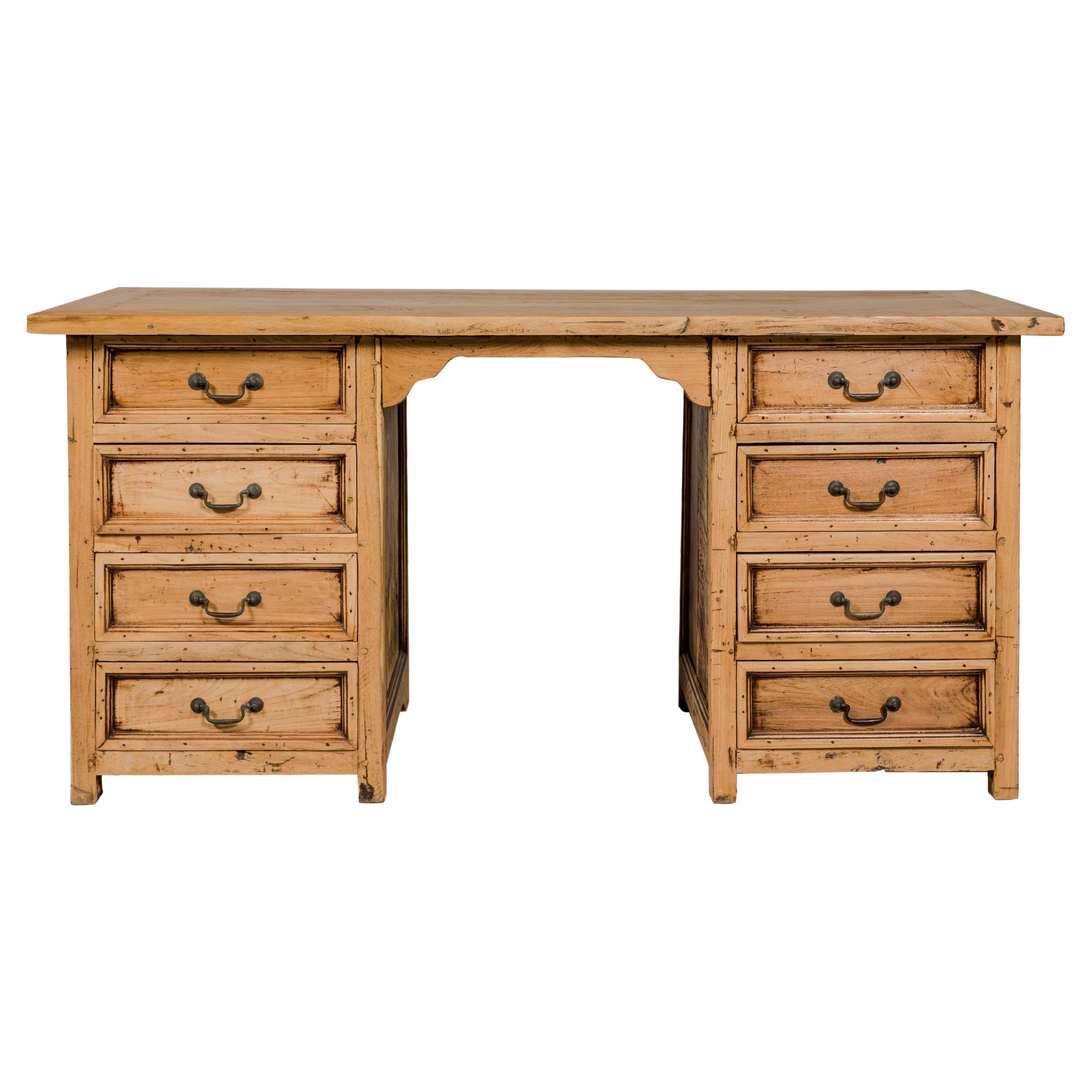 Teak Kneehole Desk with Eight Drawers and Custom Bleached Finish For Sale