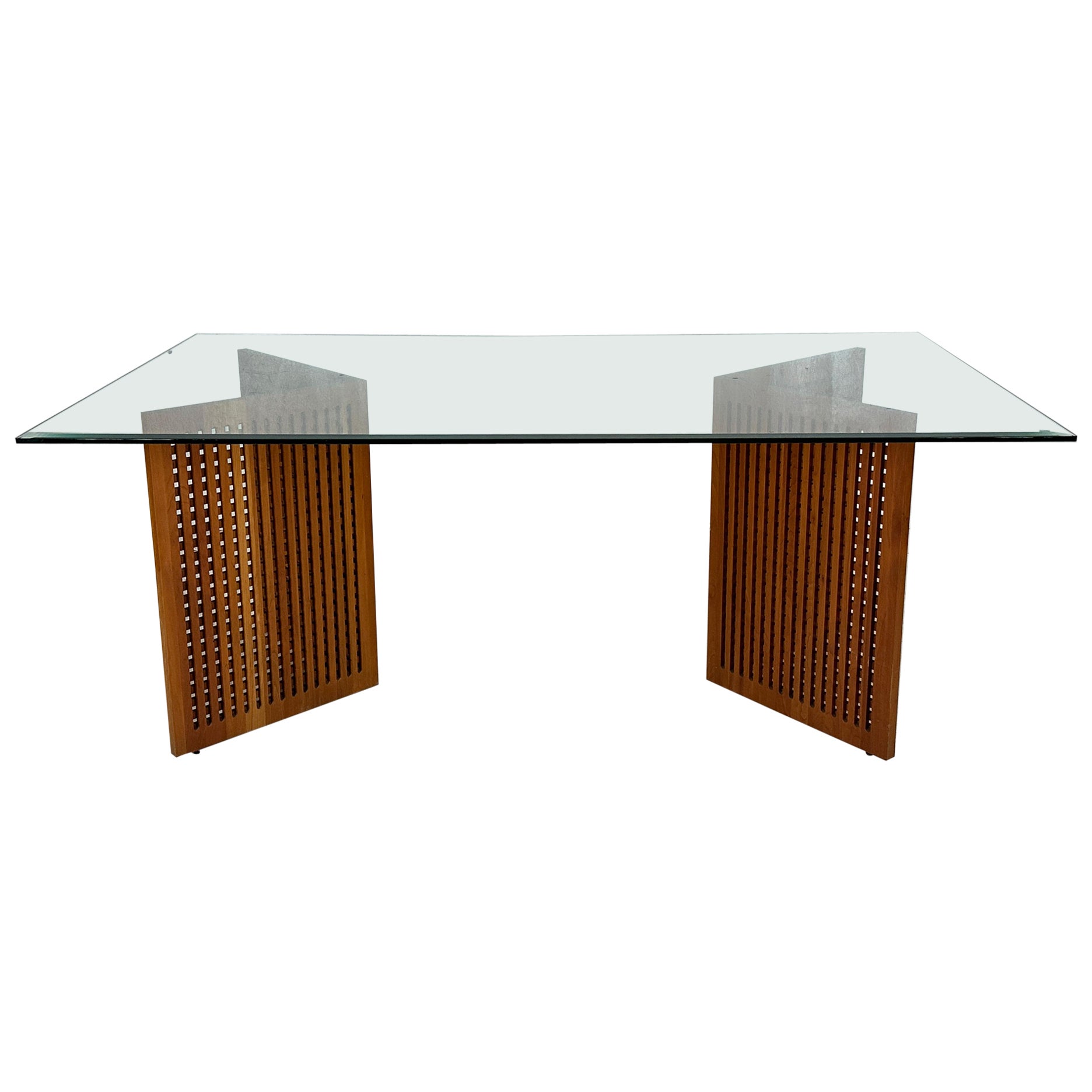 Teak Lattice Trestles Dining Room Glass Top Table