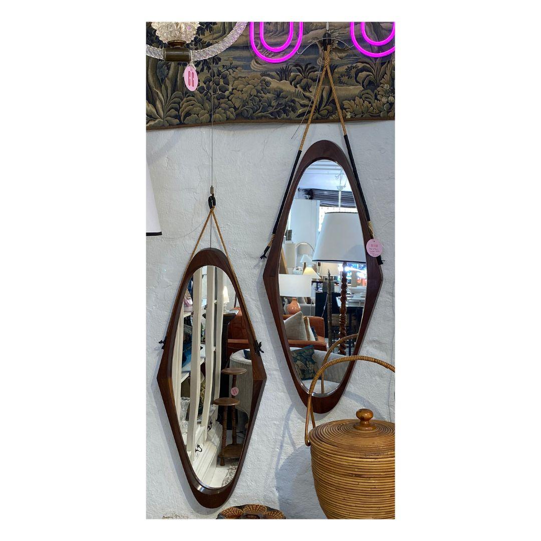 Carved Teak & Leather 1950s Italian Mirror For Sale
