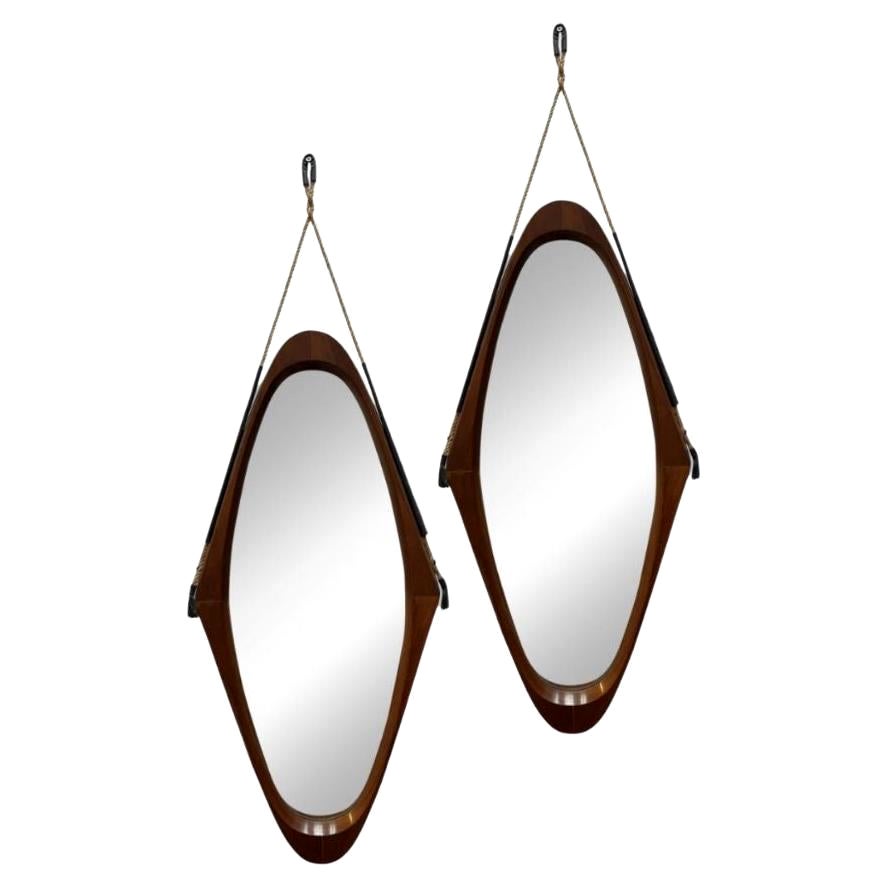 Teak & Leather 1950s Italian Mirror For Sale