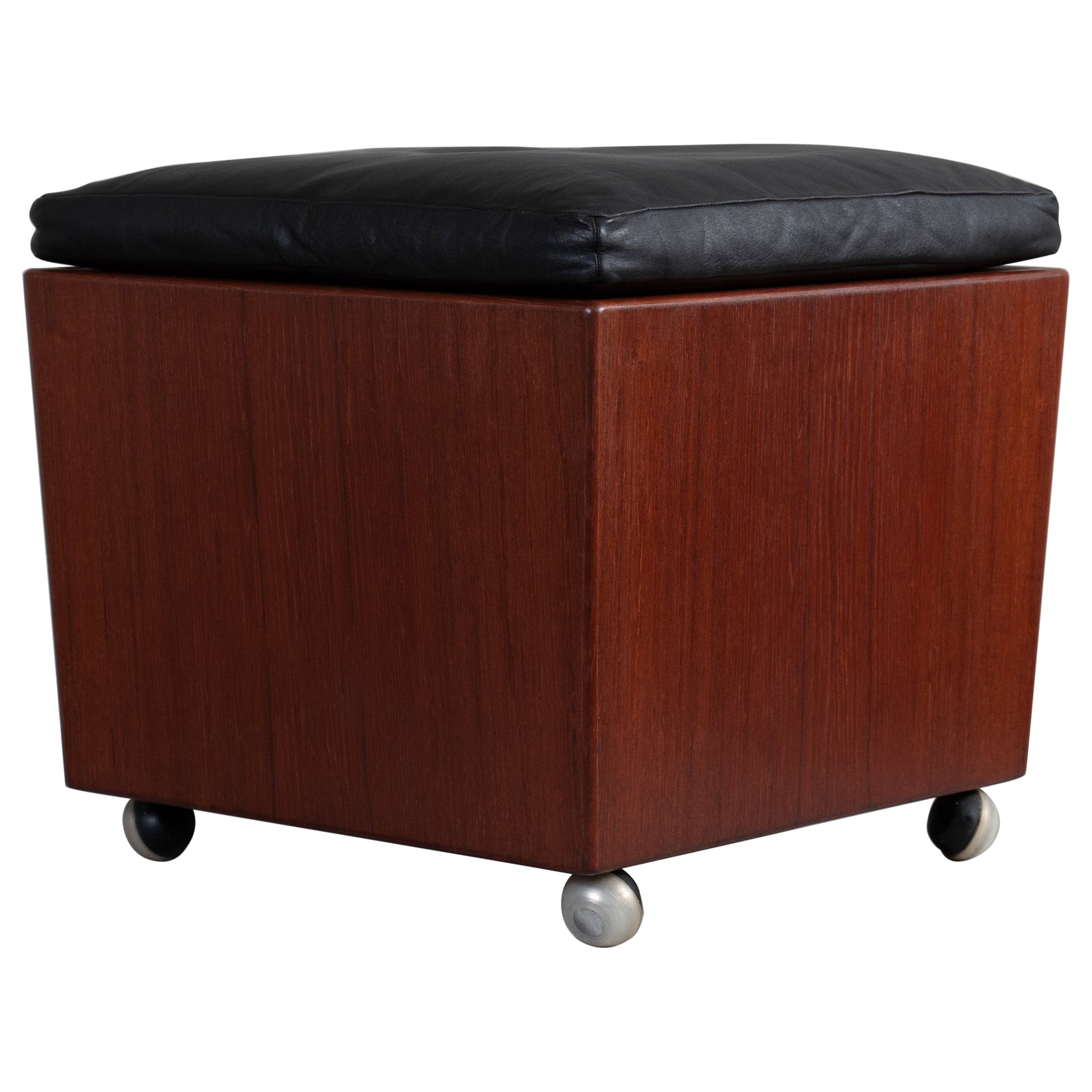 Teak & Leather Cube Storage Ottoman