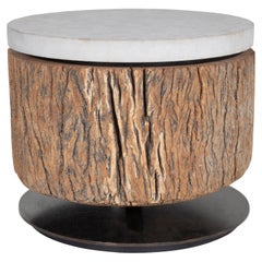 Teak Log with Textured Bark with Limestone Top on Metal Base