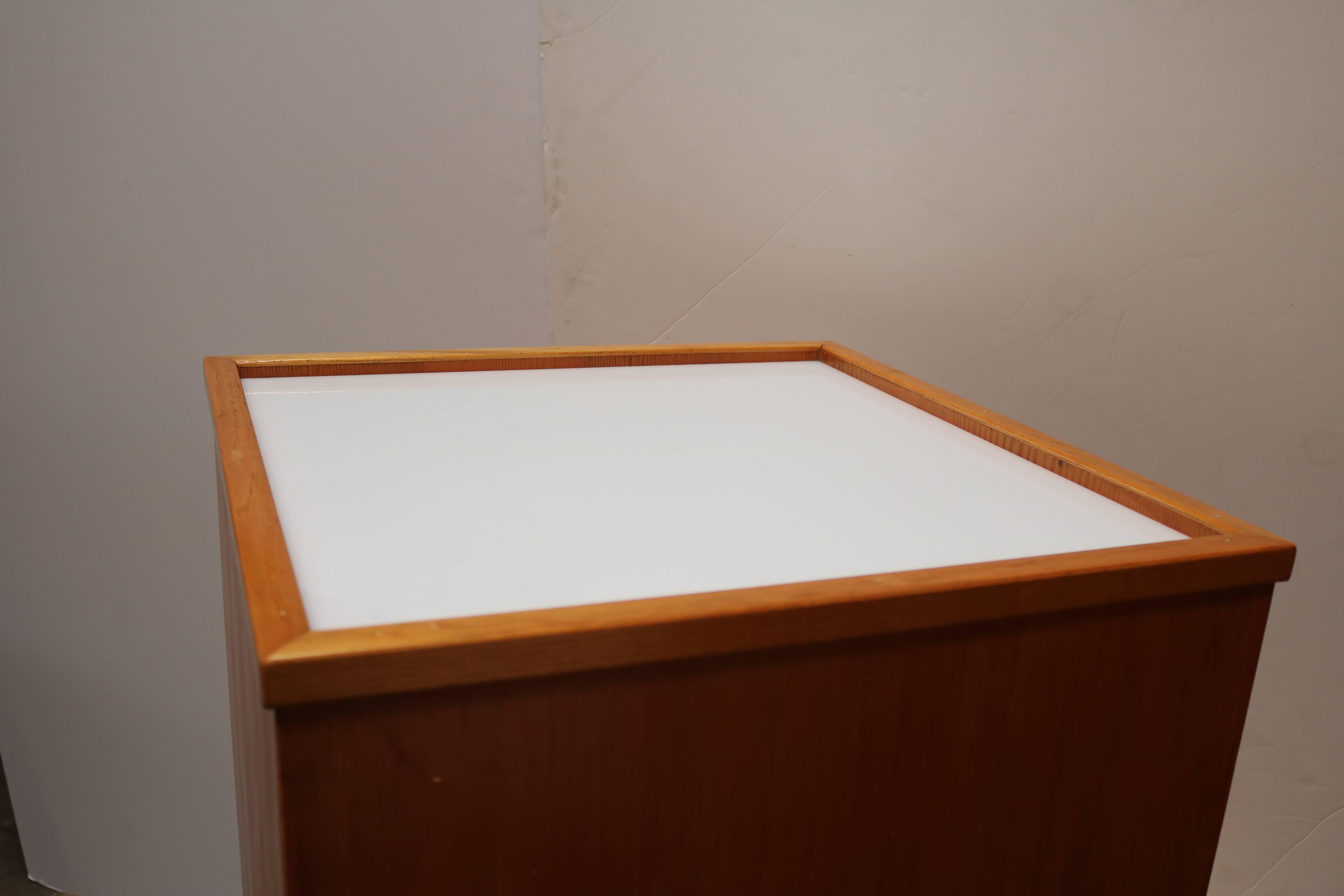 Illuminated, lightbox style display pedestal in teak. Perfect to showcase a sculpture or other work of art.