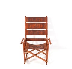 Teak Mid-Century Modern Leather Campaign Folding Rocking Chair, 1970s