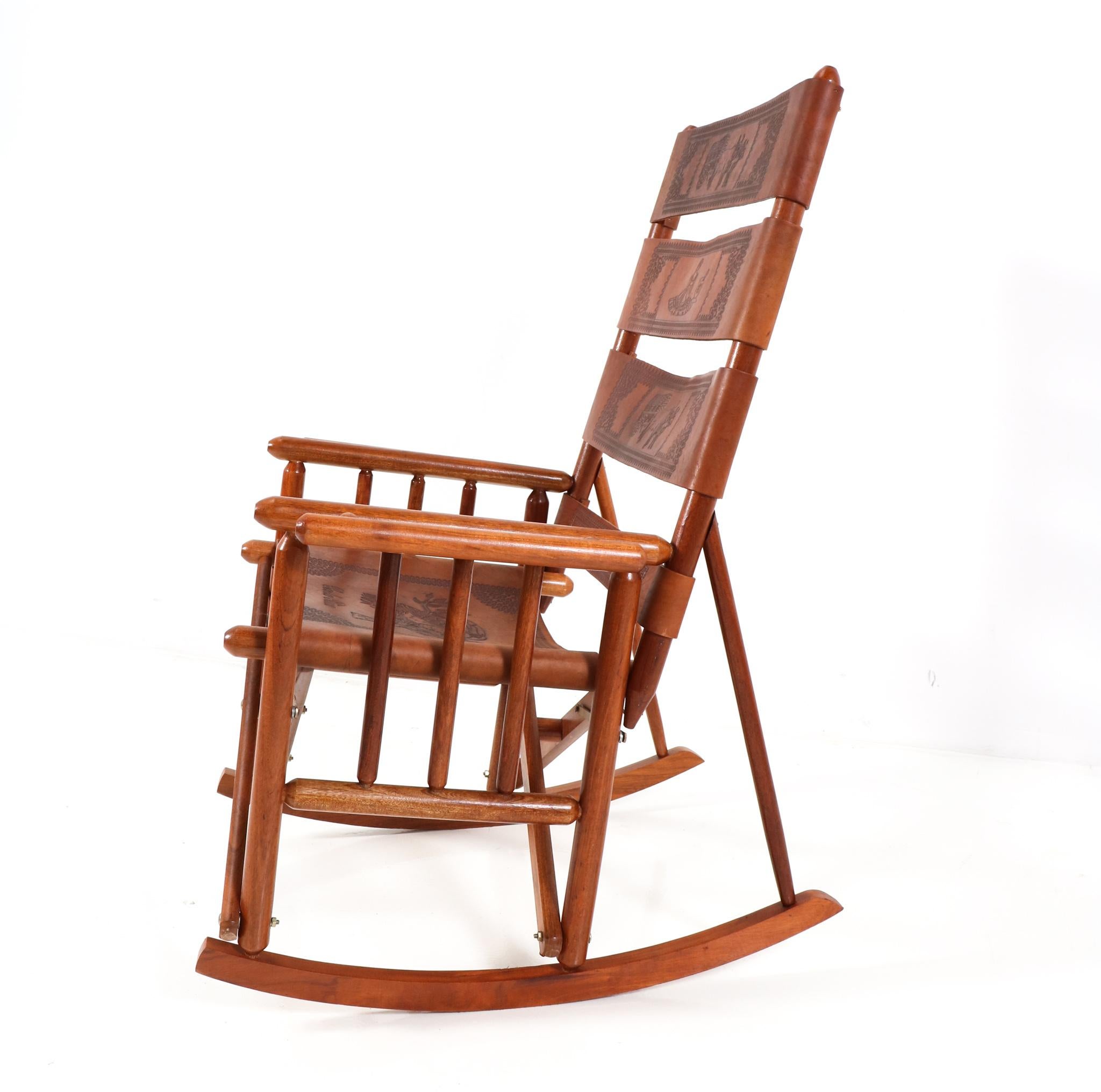 Costa Rican Teak Mid-Century Modern Leather Campaign Folding Rocking Chair, 1970s