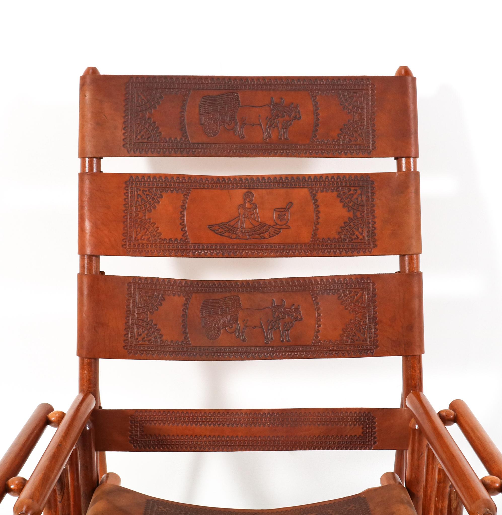 Teak Mid-Century Modern Leather Campaign Folding Rocking Chair, 1970s In Good Condition In Amsterdam, NL