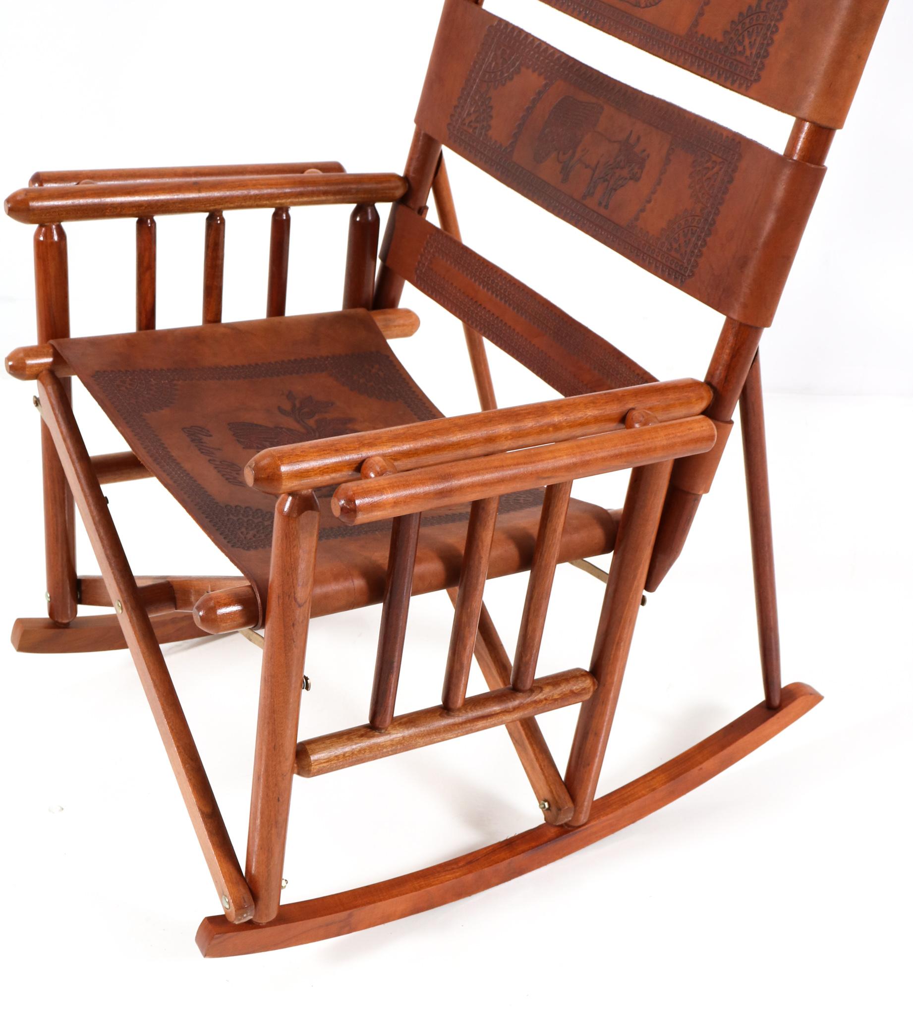 Late 20th Century Teak Mid-Century Modern Leather Campaign Folding Rocking Chair, 1970s