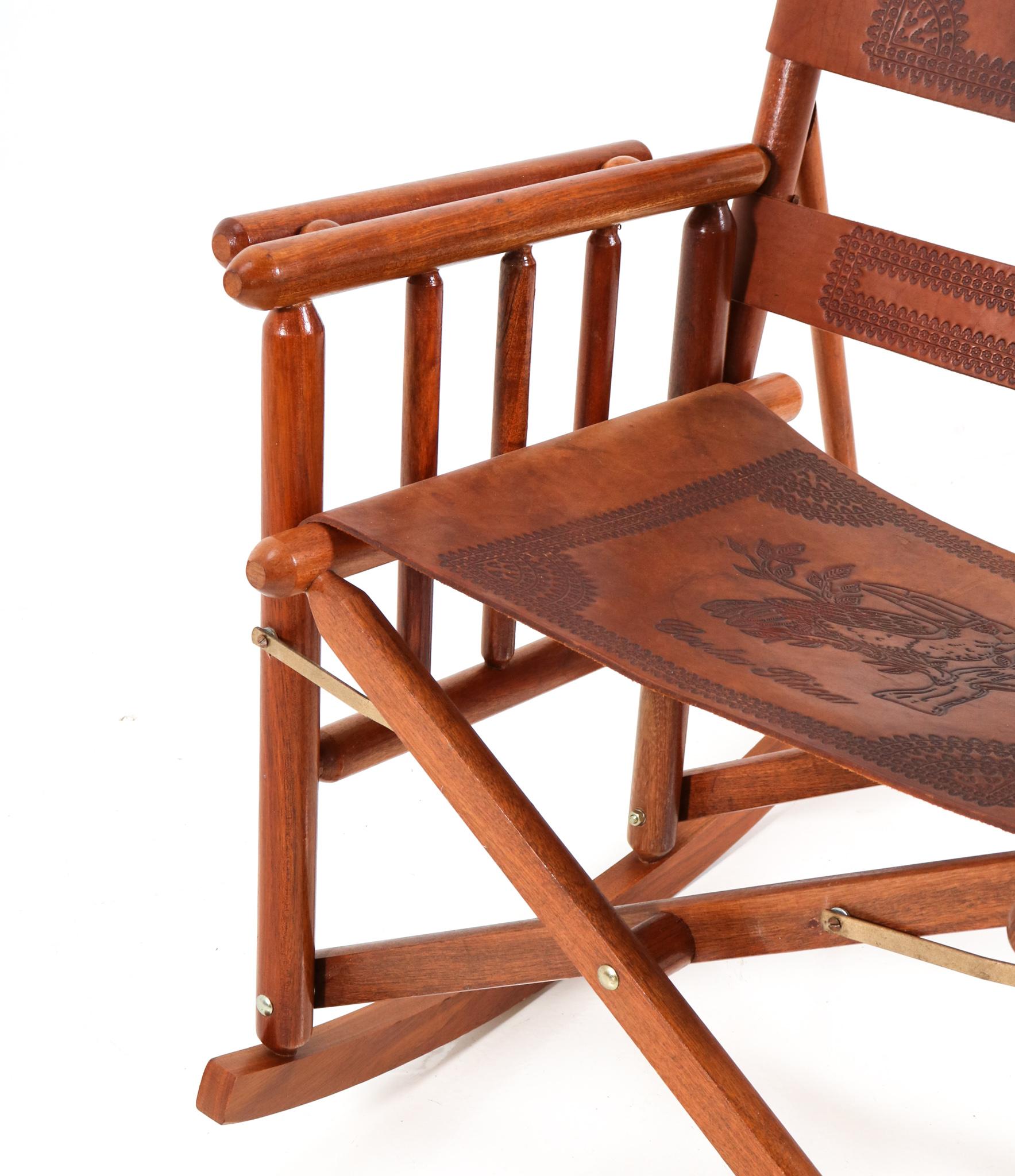 Teak Mid-Century Modern Leather Campaign Folding Rocking Chair, 1970s 1