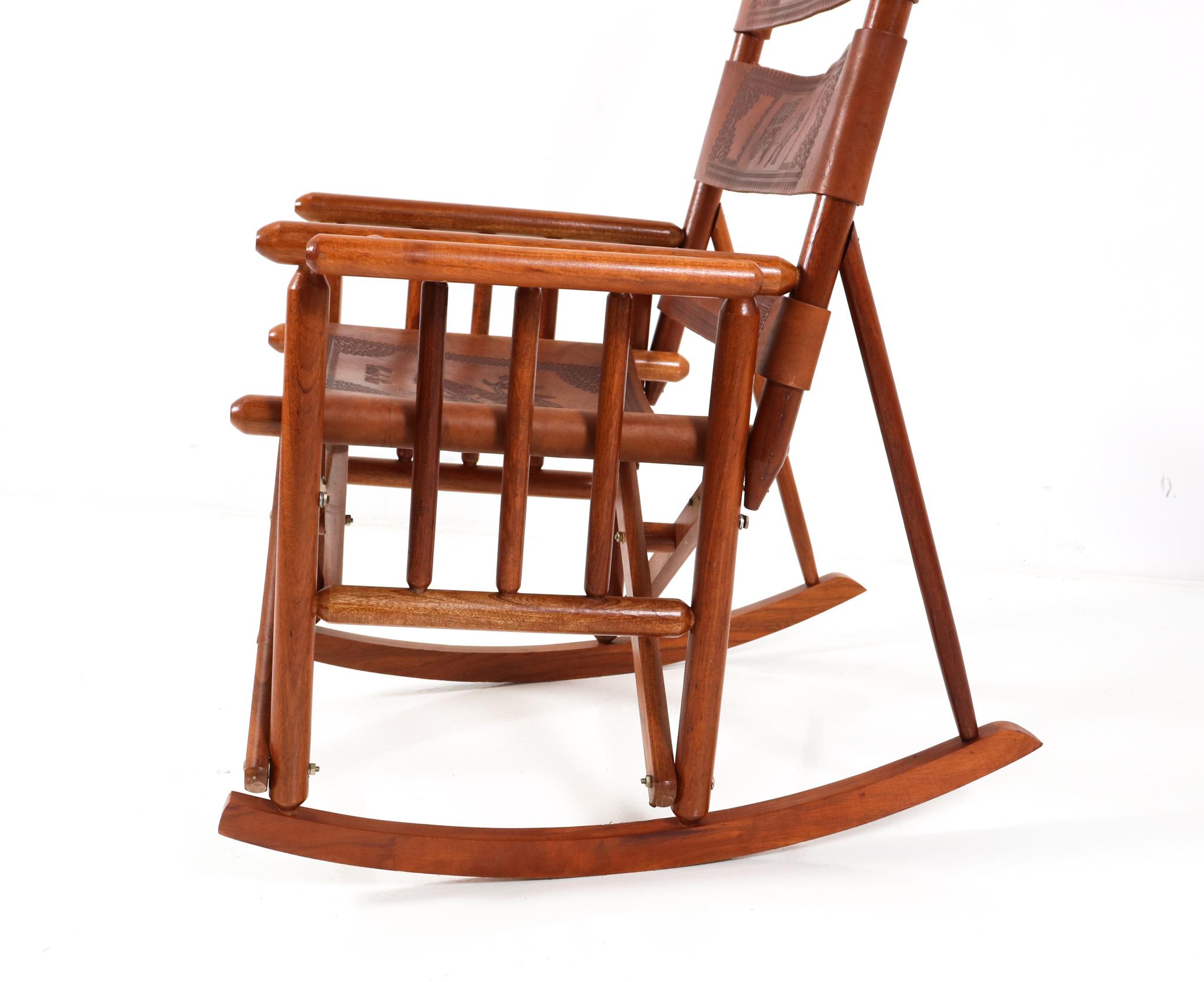 Teak Mid-Century Modern Leather Campaign Folding Rocking Chair, 1970s 2