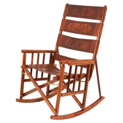 Teak Mid-Century Modern Leather Campaign Folding Rocking Chair, 1970s