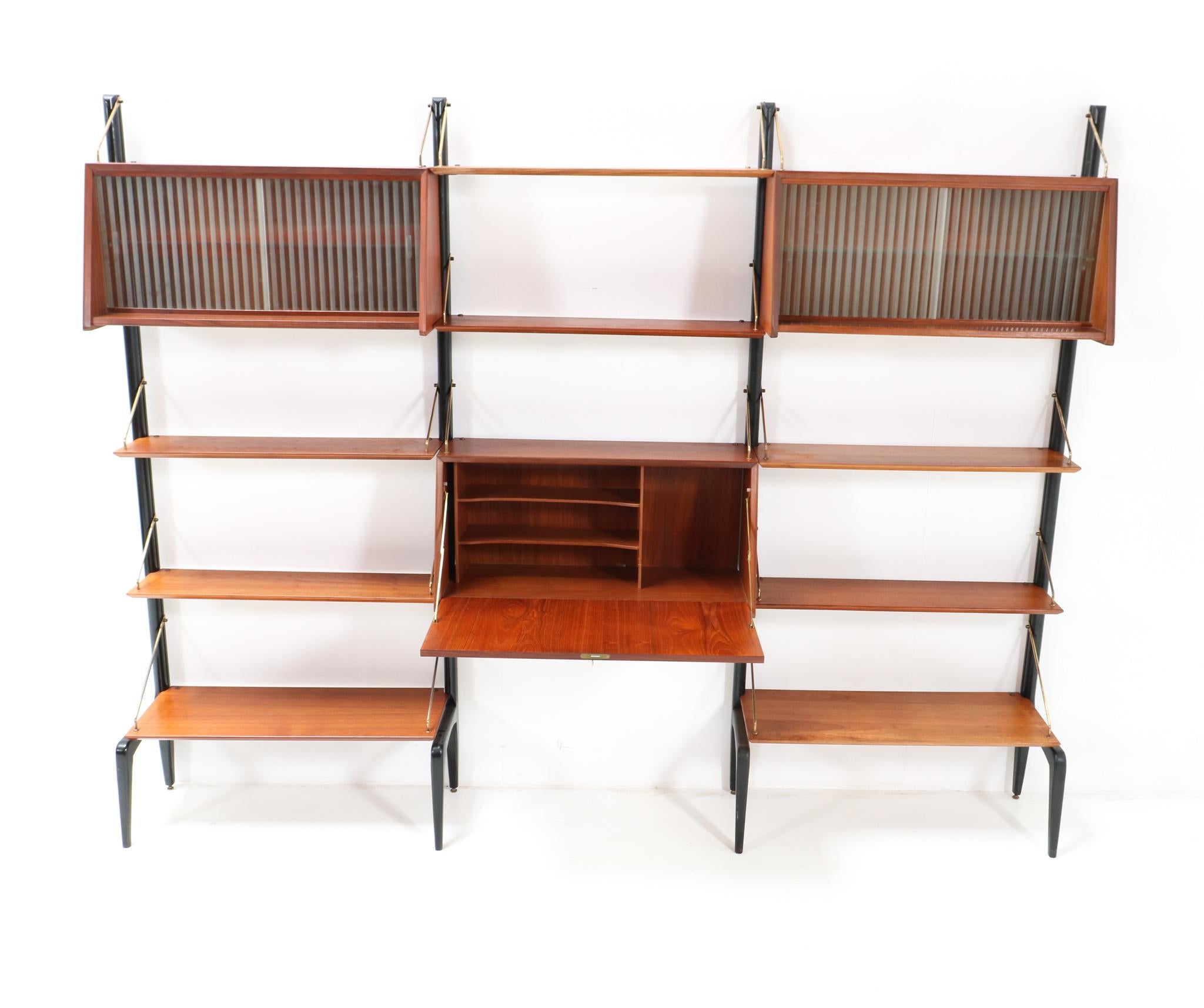 Brass Teak Mid-Century Modern Modular Wall Unit by Louis van Teeffelen for WéBé, 1950s