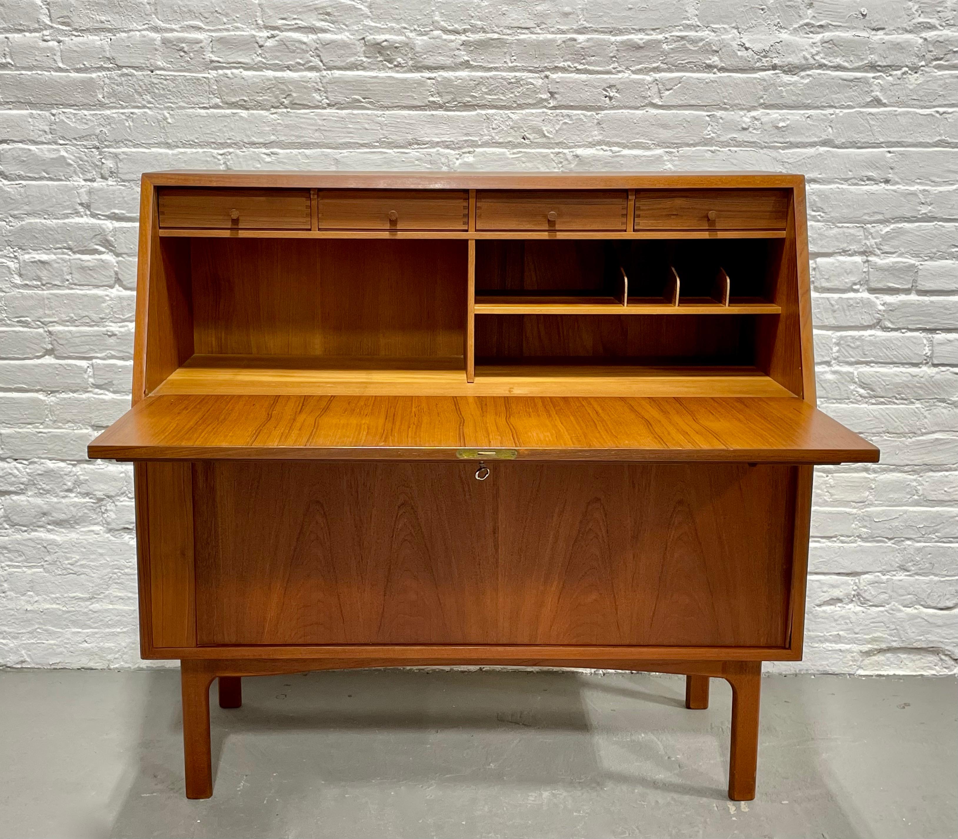 Wood Teak Mid-Century Modern Secretary Desk + Tambour Storage, Made in Denmark