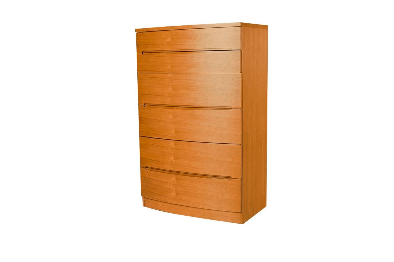 Mid-Century Modern teak high boy bow front dresser, chest of drawers. Minimalist Danish Modern inspired profile and extremely well-made dresser, has incredible lines and detailing. Stunning wood grain high boy dresser accented with sculpted teak