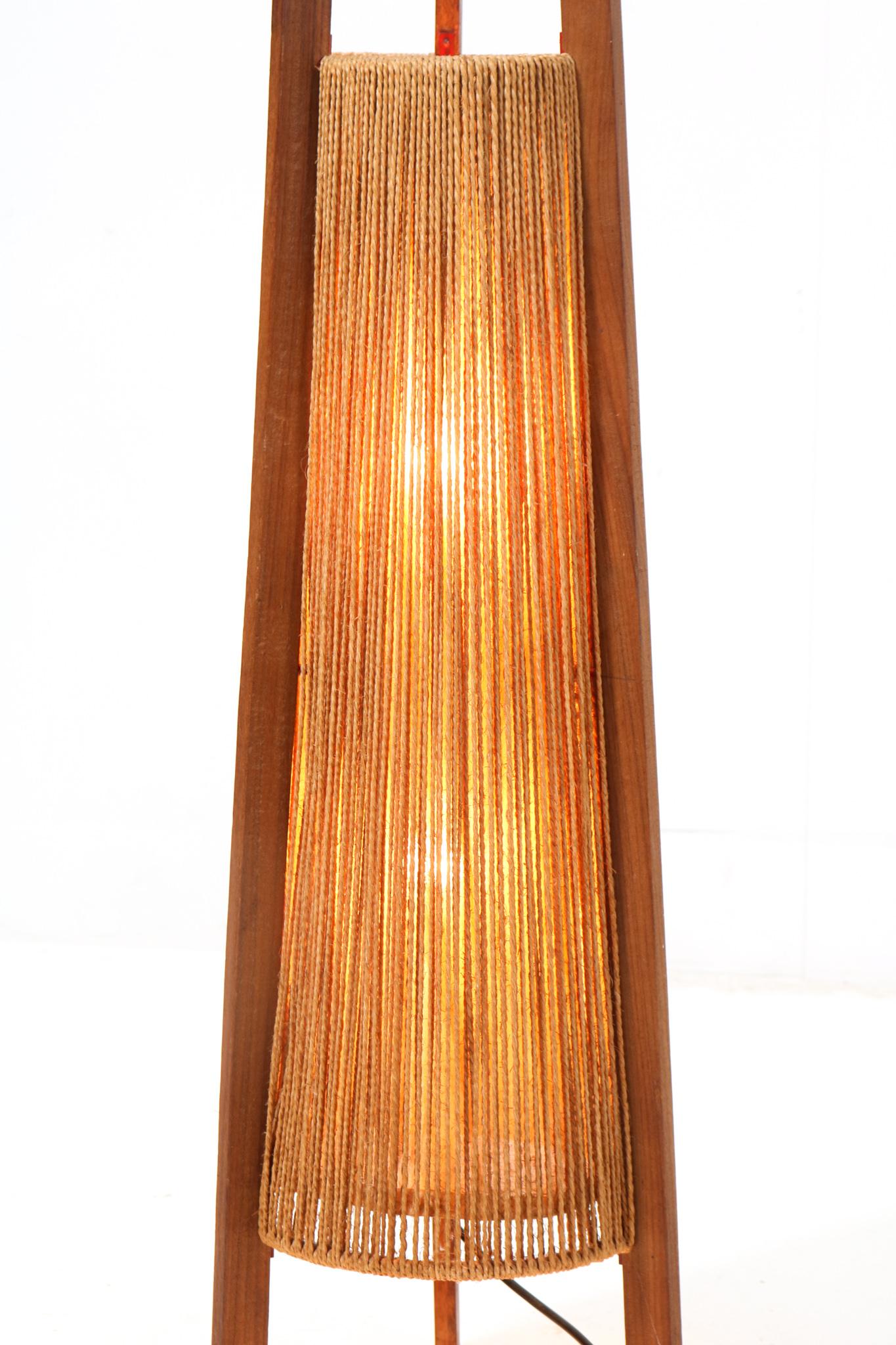 Mid-20th Century Teak Mid-Century Modern Tripod Floor Lamp with Hemp Strings, 1960s