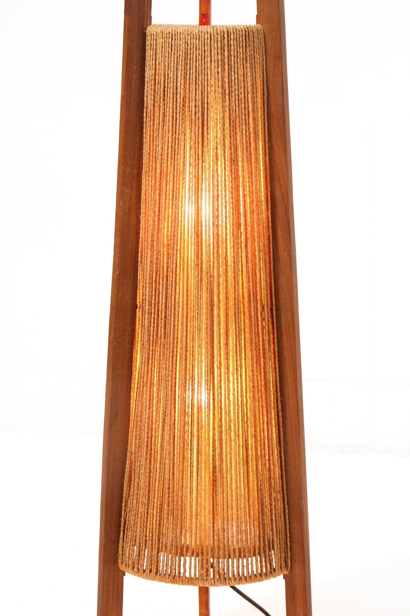 Mid-20th Century Teak Mid-Century Modern Tripod Floor Lamp with Hemp Strings, 1960s For Sale