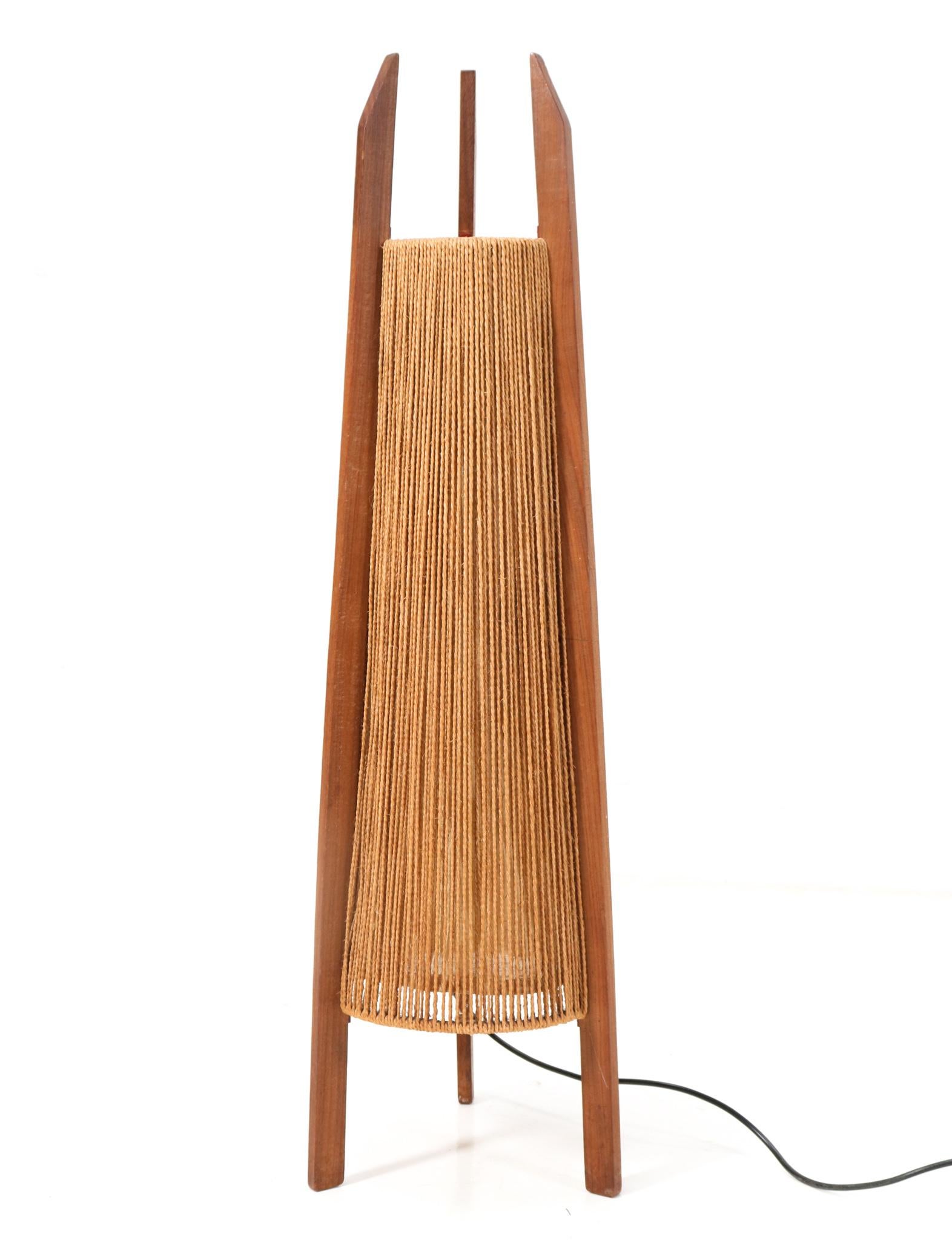 Teak Mid-Century Modern Tripod Floor Lamp with Hemp Strings, 1960s 2