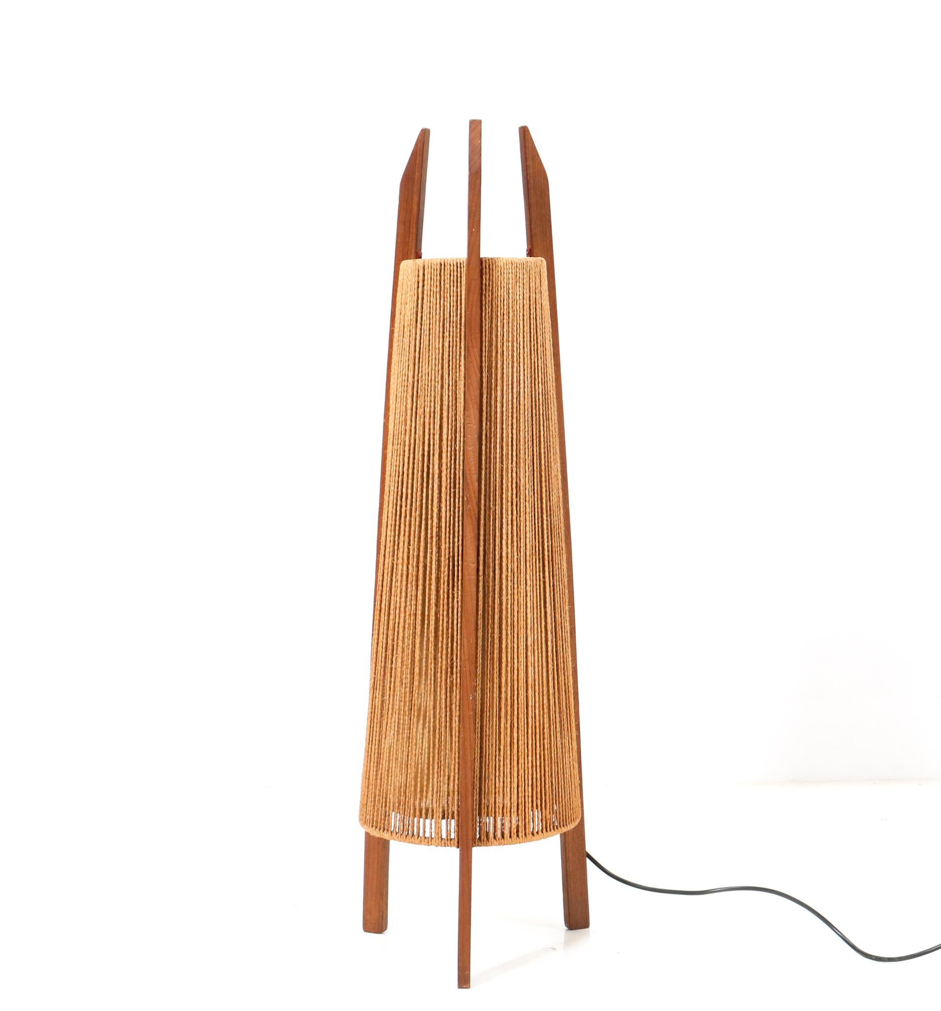 Teak Mid-Century Modern Tripod Floor Lamp with Hemp Strings, 1960s 3