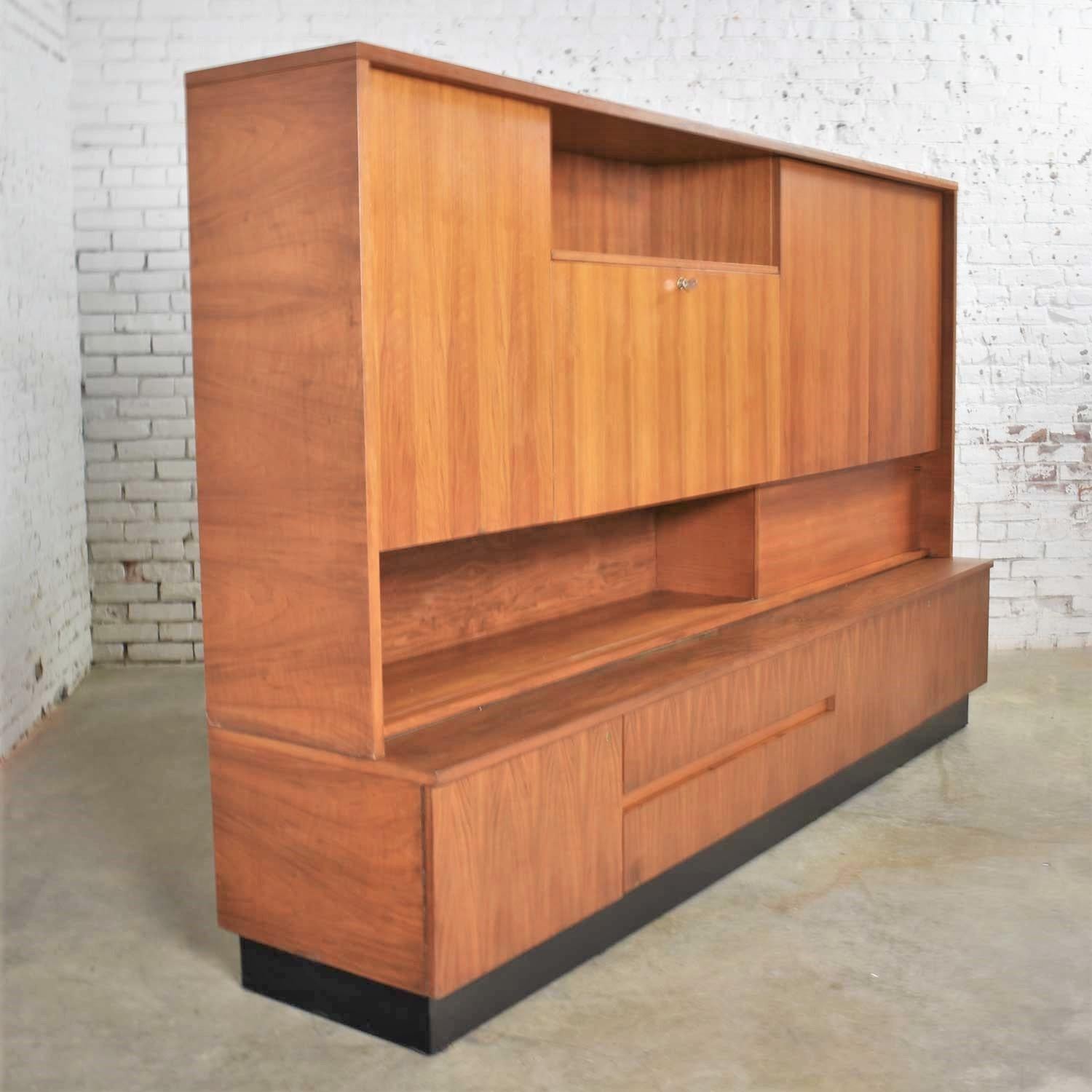 Laminate Teak Mid-Century Modern Wall Storage Bookcase Cabinet with Drop Front Desk For Sale