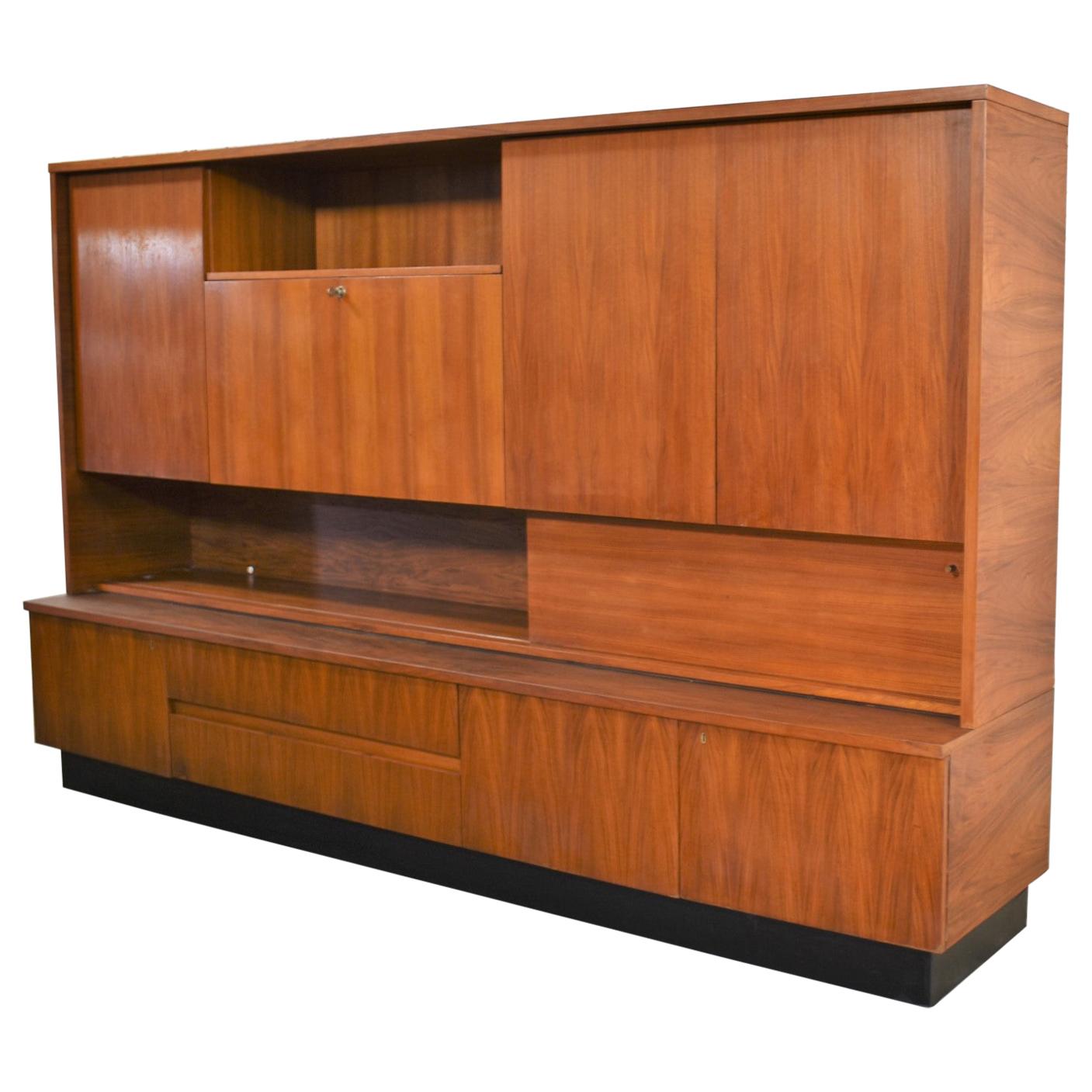 Teak Mid-Century Modern Wall Storage Bookcase Cabinet with Drop Front Desk For Sale