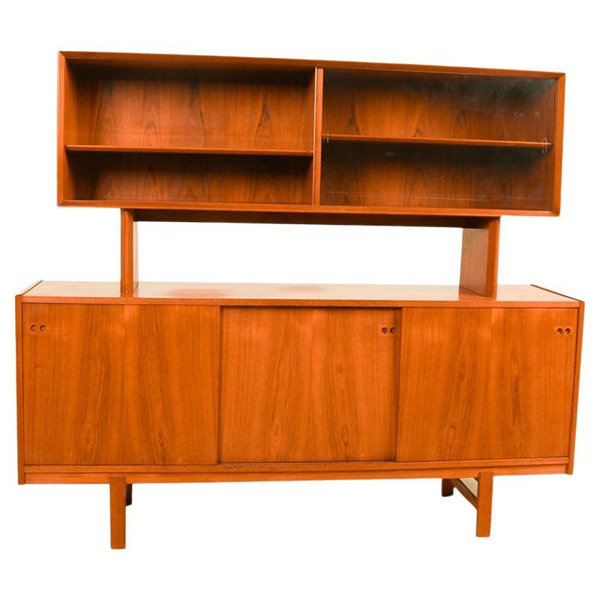 Teak Mid-Century Sliding Door Sideboard Credenza Hutch For Sale